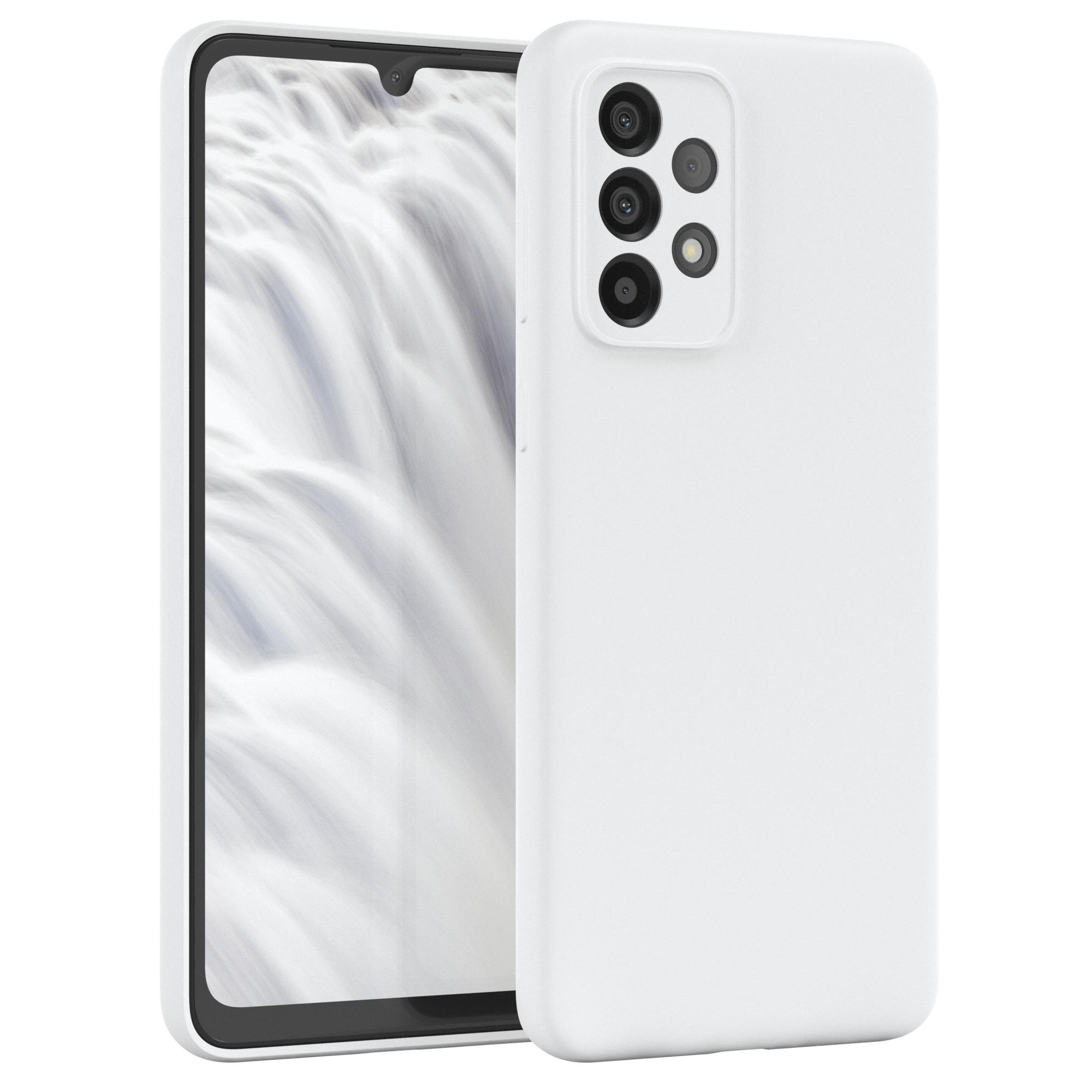 Weiße Handyhülle auf weißem Hintergrund. Ein Telefon befindet sich auf der linken Seite.