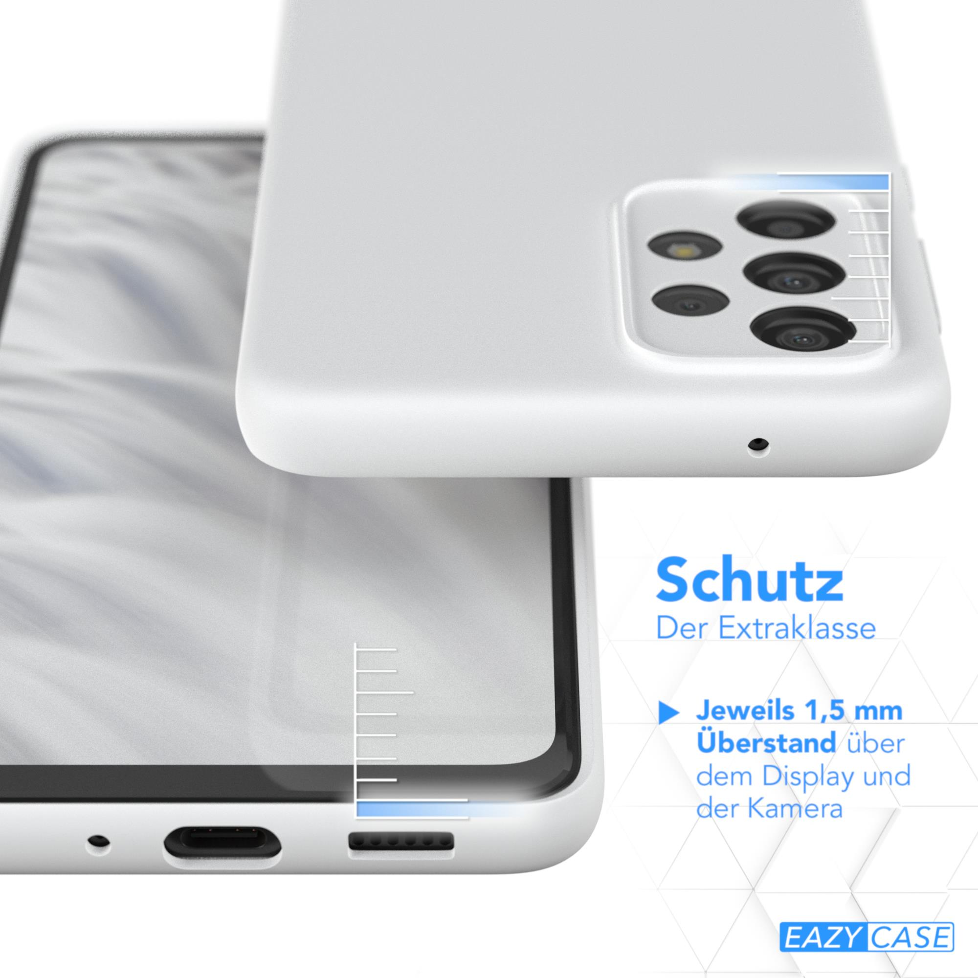 Weiße Handyhülle mit Text. Die Hülle hat Aussparungen für die Kamera und einen Displayschutz.