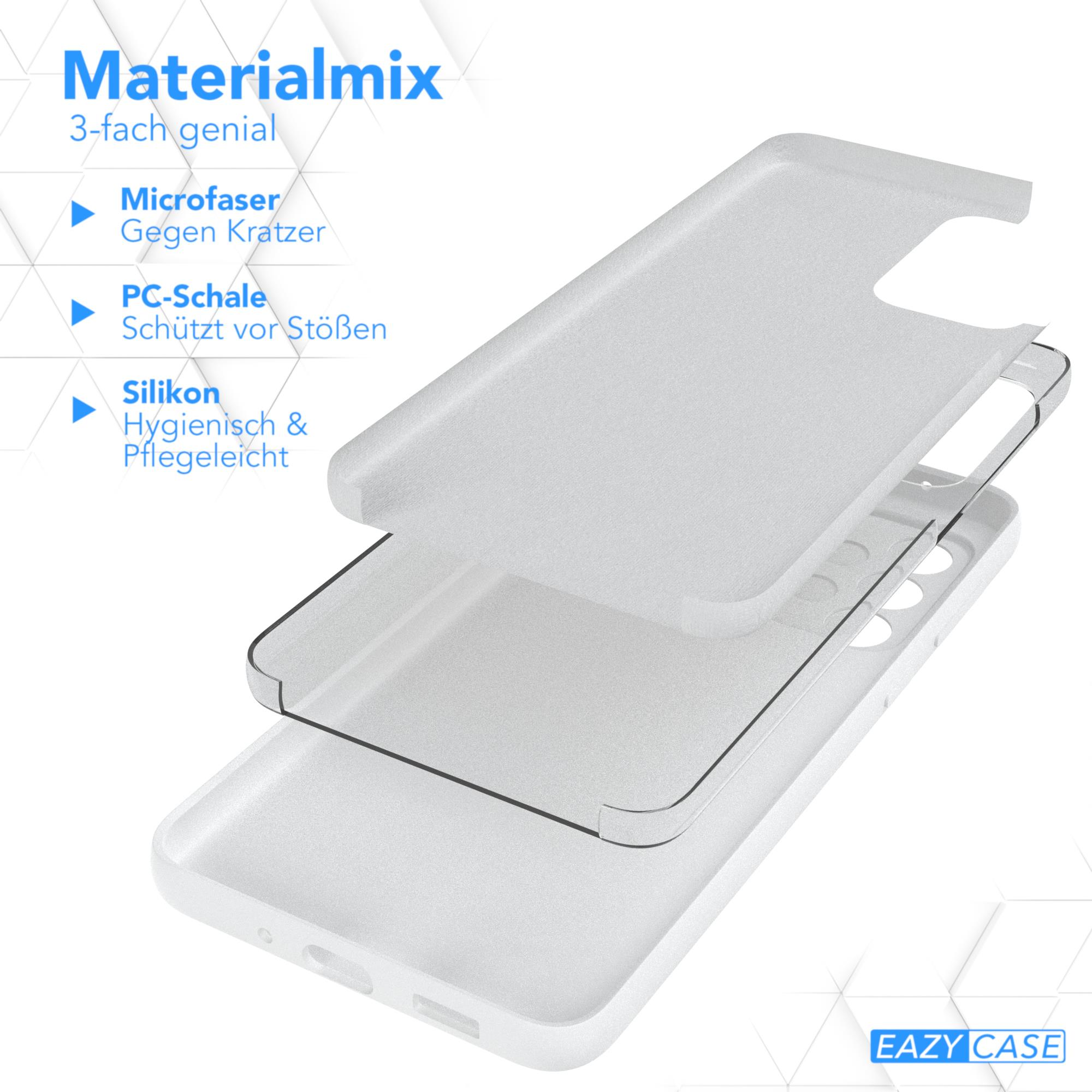 Schichten von Handyhüllen-Komponenten. Zeigt Mikrofasern, PC-Schale und Silikonschichten. Text: Materialmix.