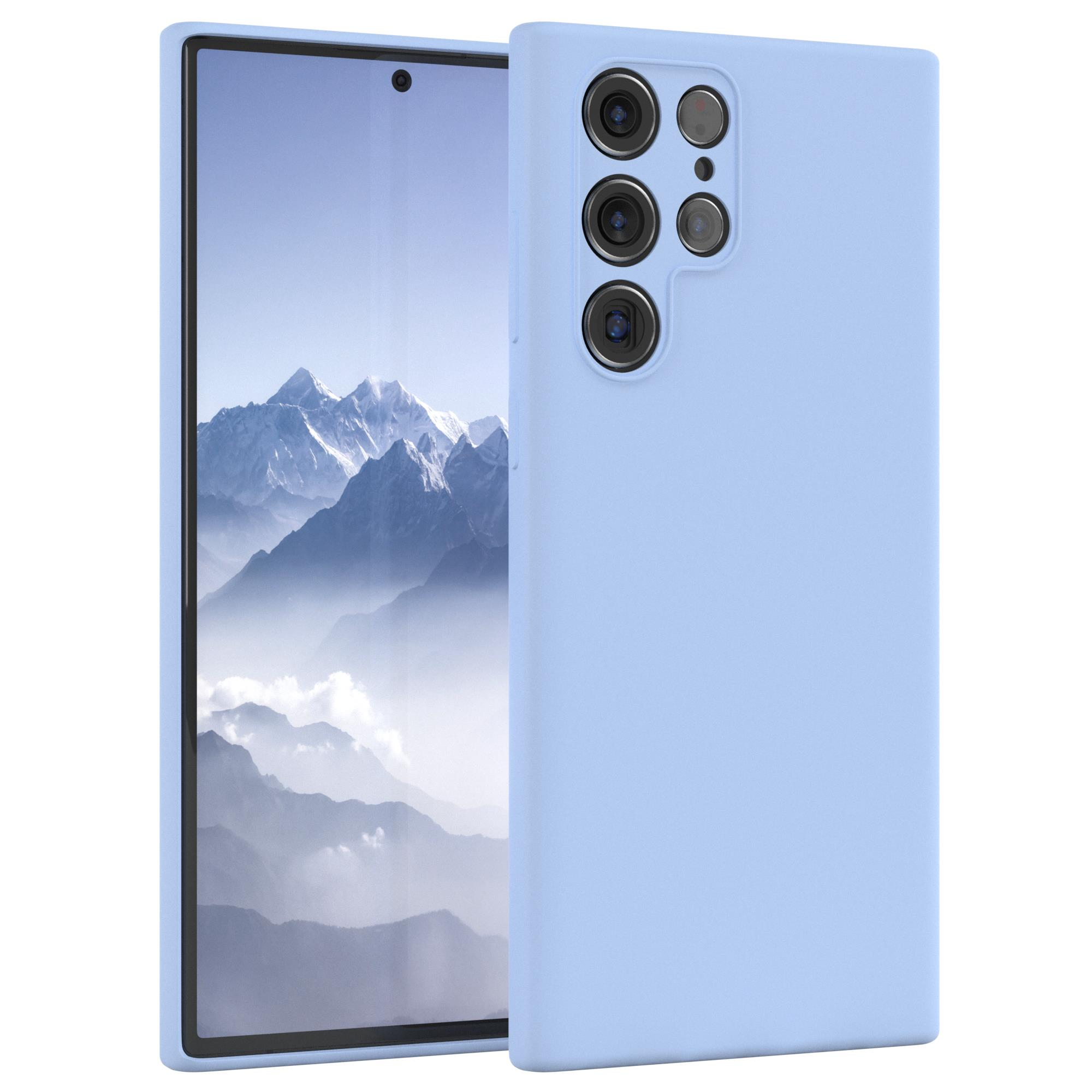 Blaues Telefon und Hülle, Bildschirm zeigt das Telefon. Das Telefon ist in einer blauen Hülle.