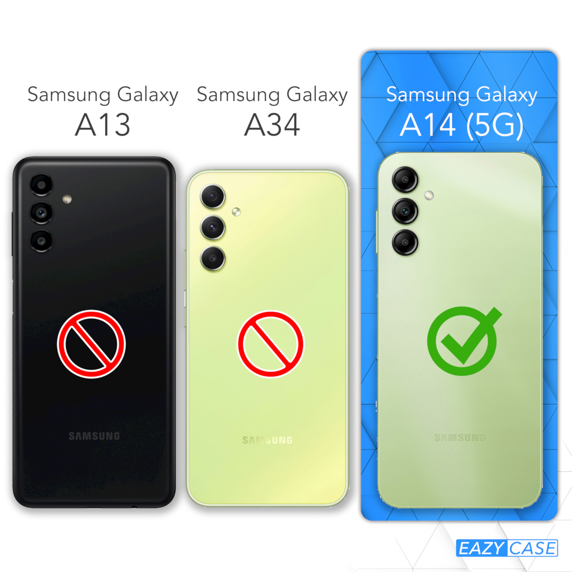 Telefonvergleich: Samsung Galaxy A13 (nein), A34 (nein), A14 (5G) (ja).