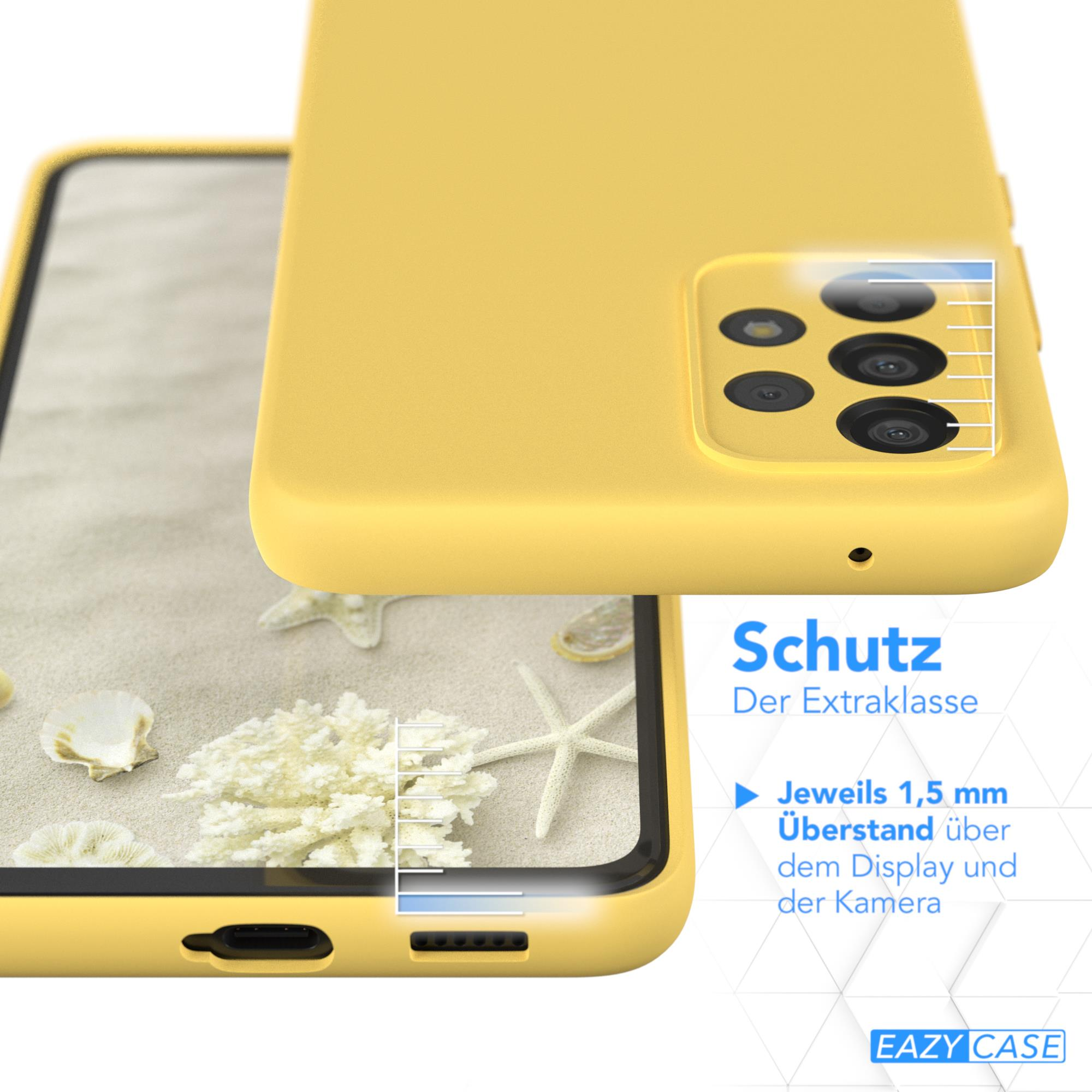 Gelbe Handyhülle mit Telefon. Text: Schutz. Kamera- und Displayschutz.