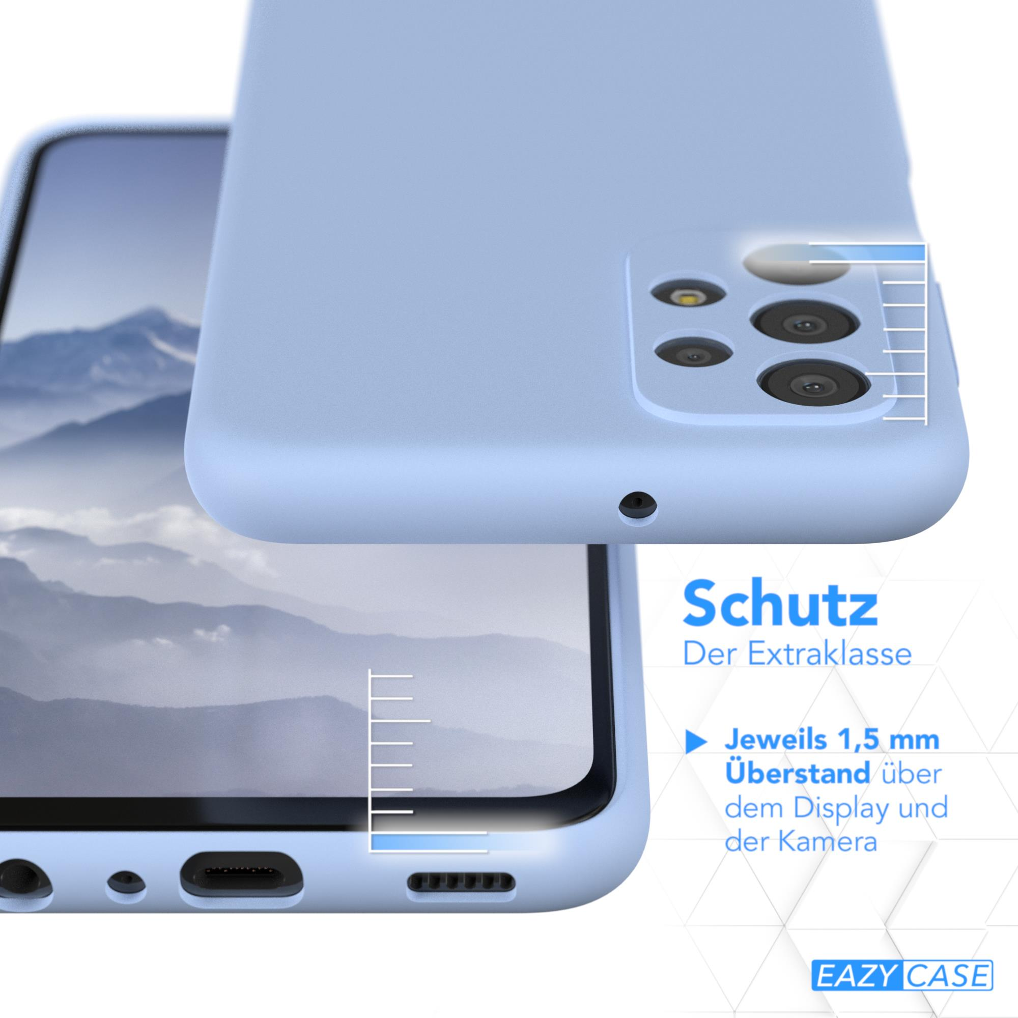 Eine hellblaue Handyhülle mit einem Telefon. Text auf Deutsch. Weißer Hintergrund.