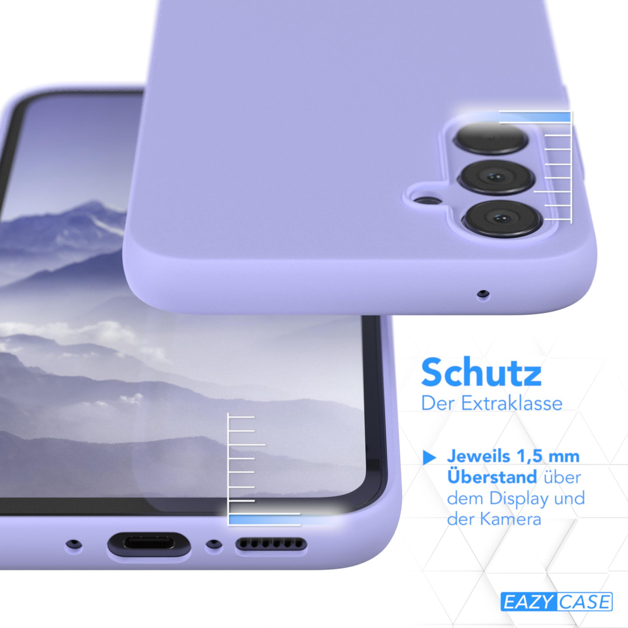 Lilafarbene Handyhülle, die ein Handy und eine Hülle mit dem Text 'Schutz' und Messungen zeigt.