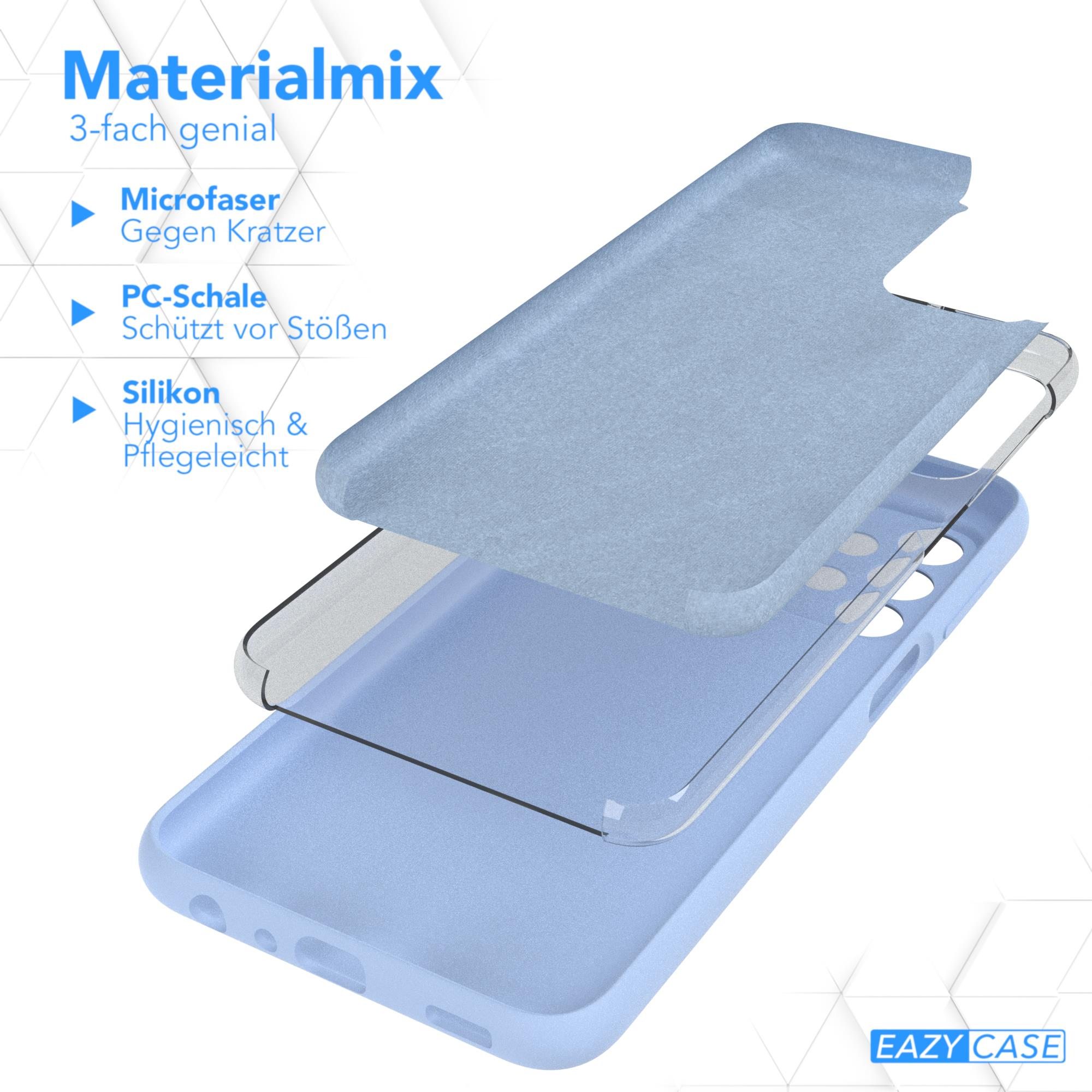 Blaue Handyhülle mit drei Schichten: Mikrofaser, PC-Schale und Silikon, auf weißer Oberfläche.