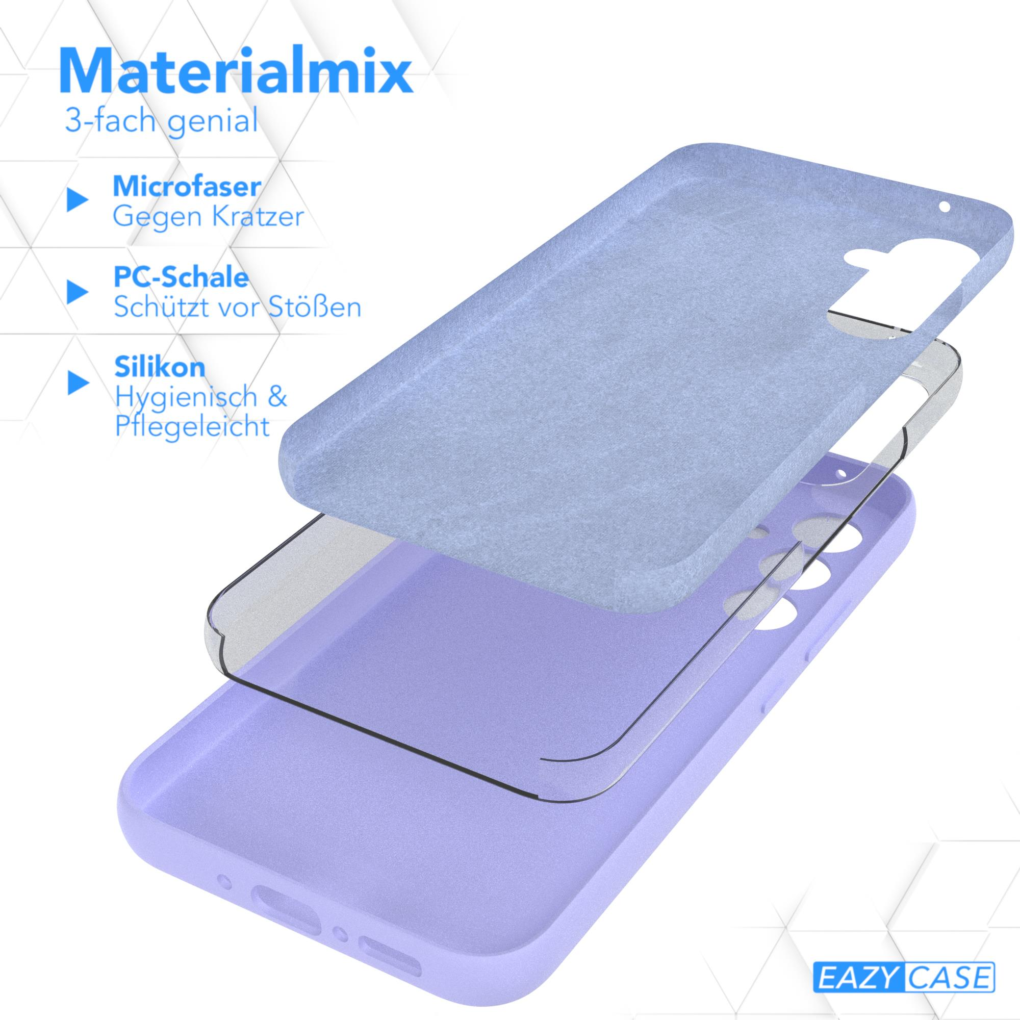 Eine Handyhülle mit drei Schichten: Mikrofaser, eine PC-Schale und Silikon. Text beschriftet die Materialien.