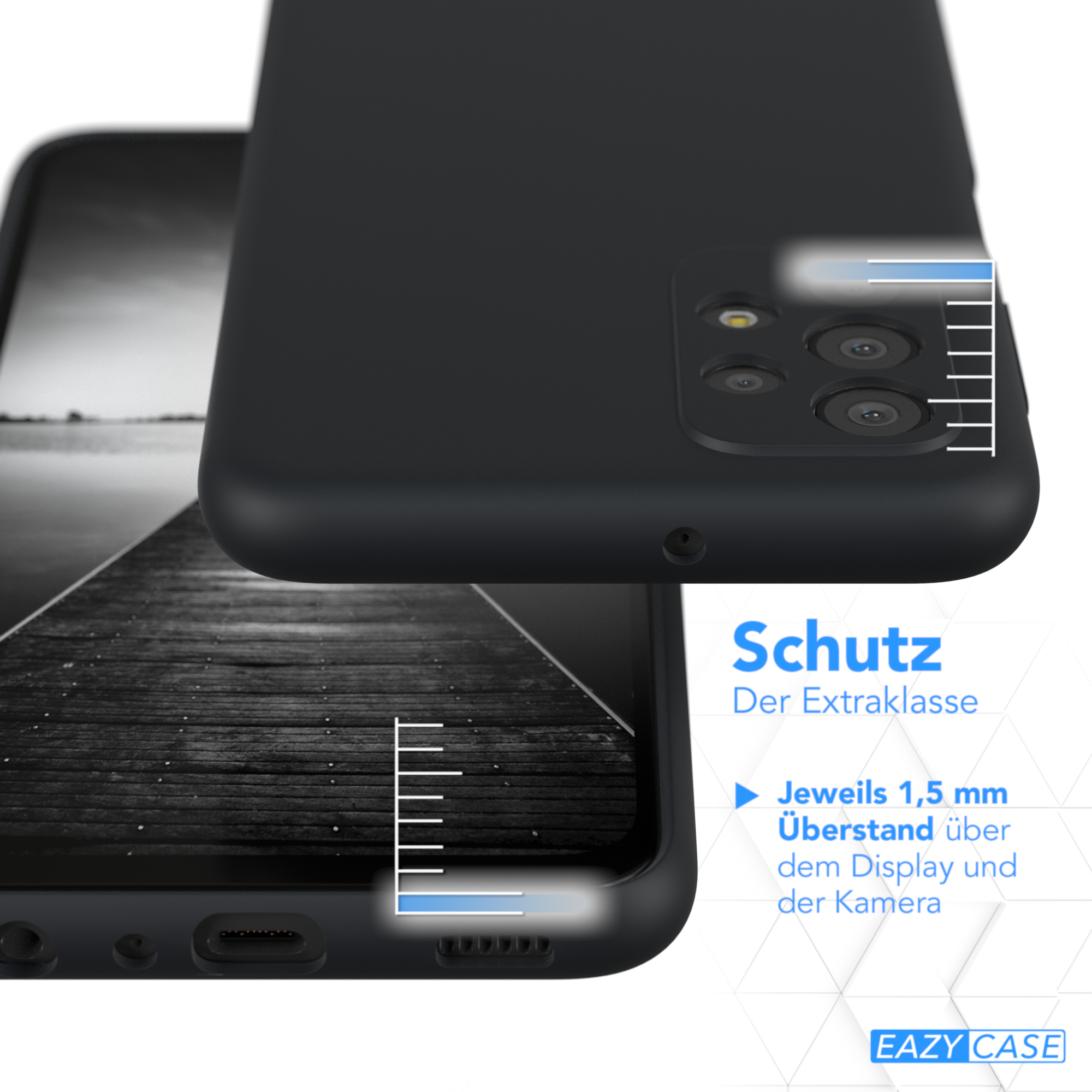 Schwarze Handyhülle, Nahaufnahme mit Telefon. Weißer Hintergrund.