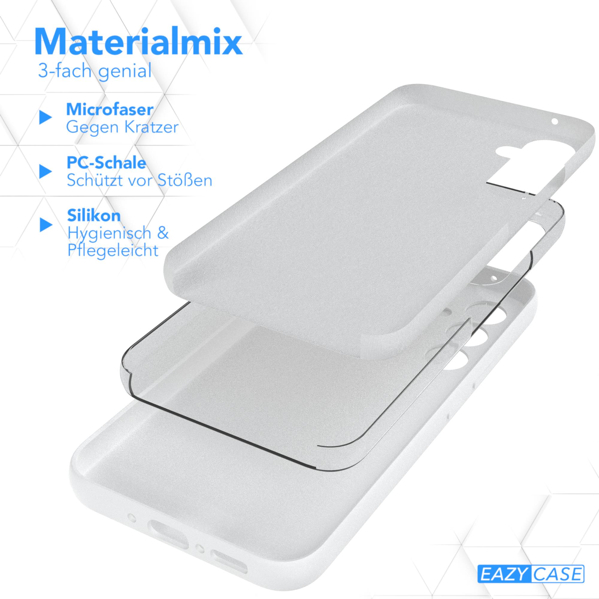 Ein mehrschichtiges Handycase mit Mikrofaserschicht, PC-Schale und Silikonschicht. Text beschreibt.