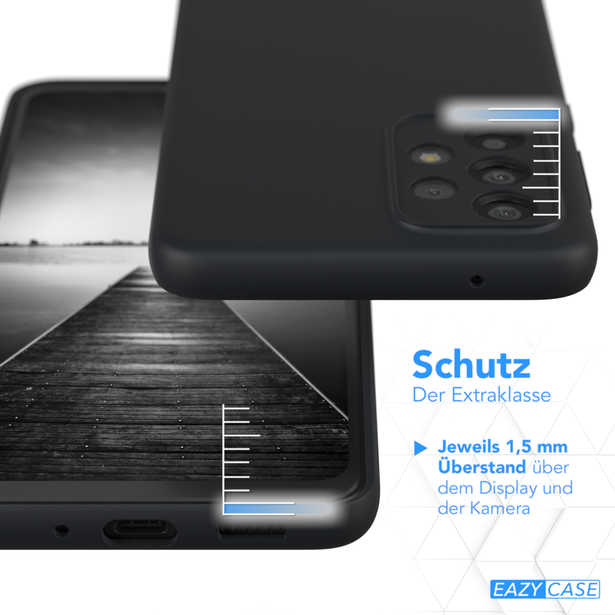 Schwarze Handyhülle und eine weitere mit Text, die den Schutz zeigt.