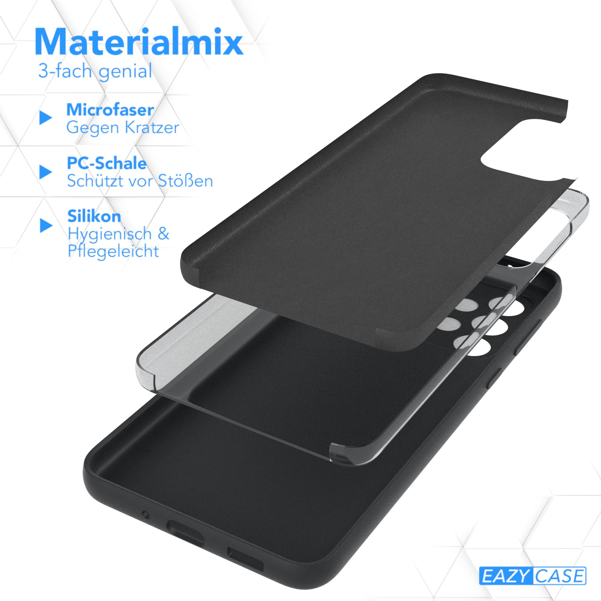 Eine schwarze Handyhülle in Schichten zerlegt: Mikrofaser, PC-Schale und Silikon.