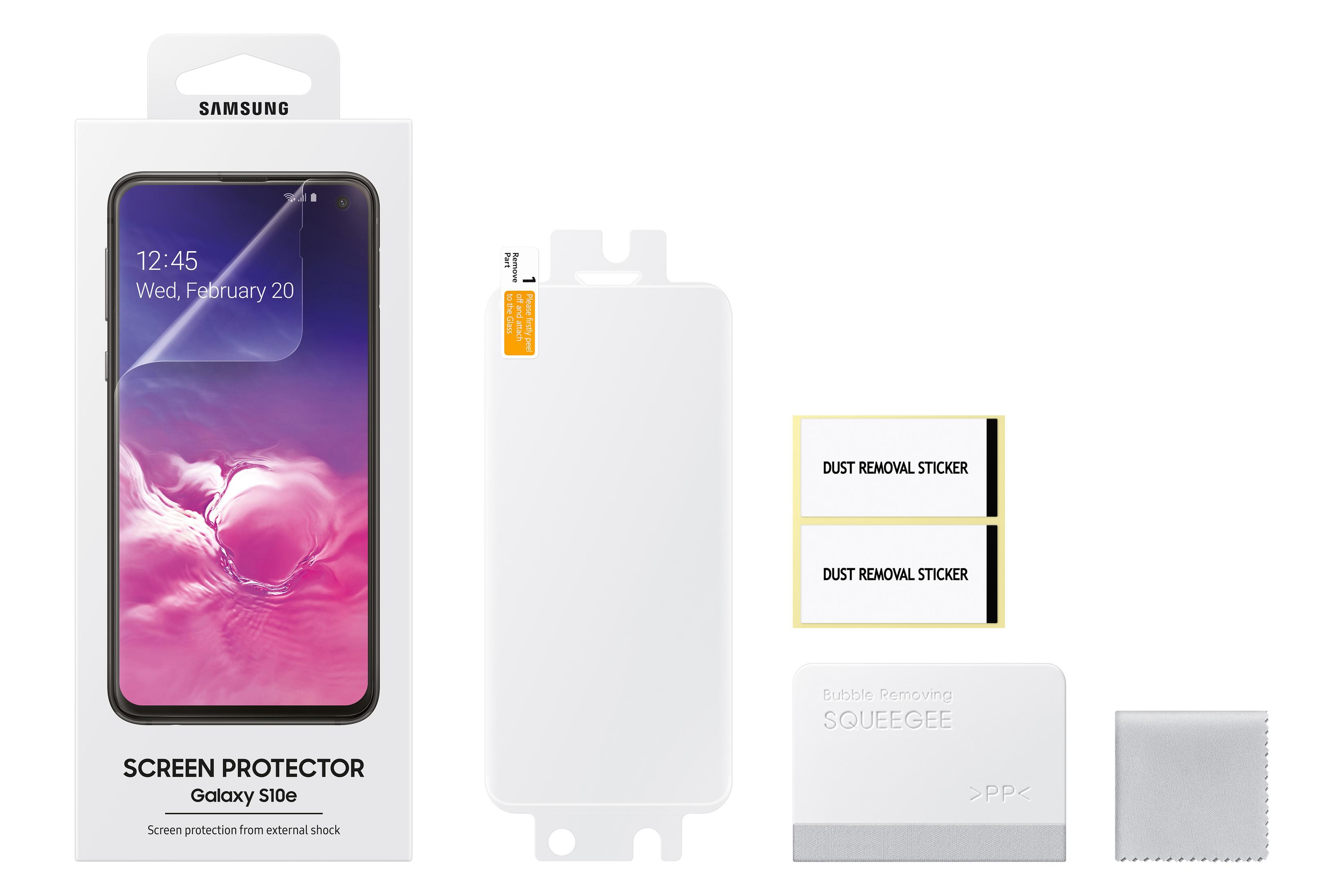 Un kit di protezione dello schermo include un telefono, una protezione per lo schermo, adesivi, una spatola e un panno per la pulizia.