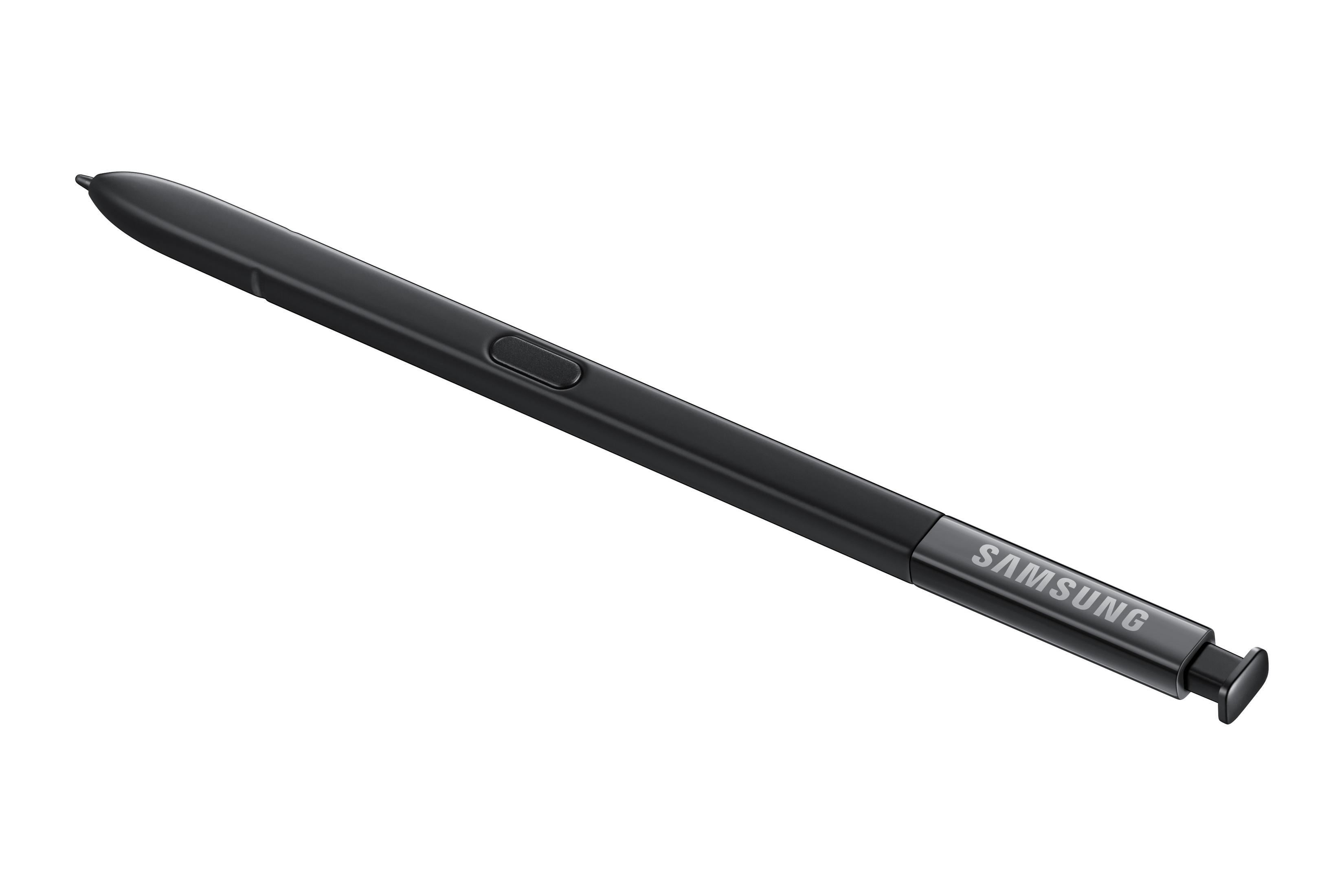 Schwarzer Eingabestift mit silbernem Samsung-Logo. Der Stift liegt auf einer weißen Oberfläche. Schwarz und Silber.