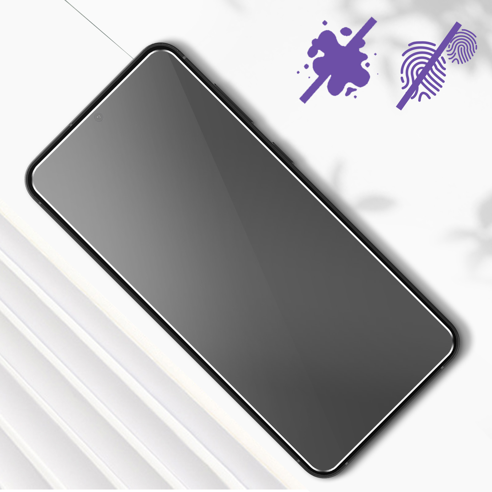 Uno schermo del telefono grigio scuro, con icone anti-impronte e antimacchia. Sfondo bianco.