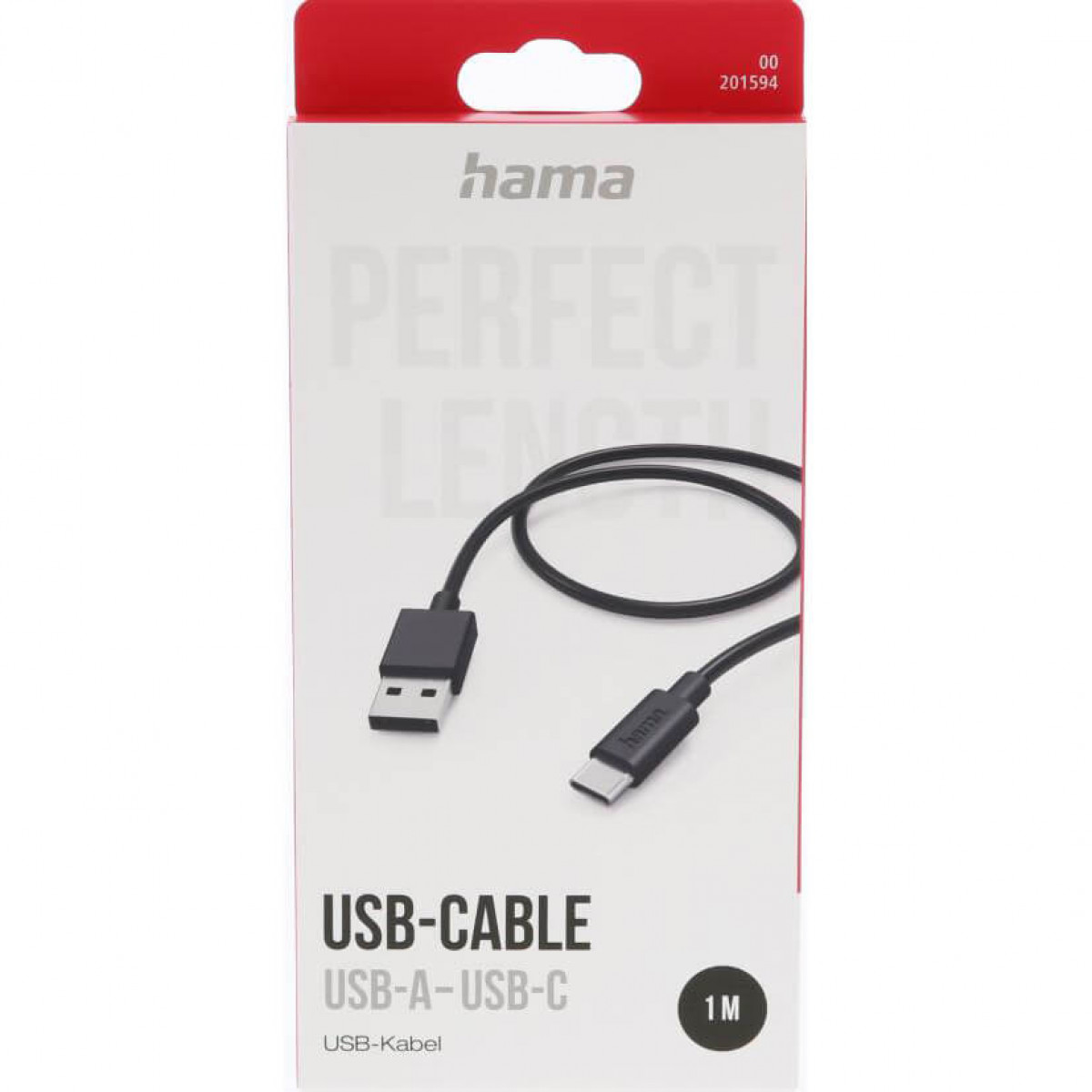 White and red box with a black USB cable inside. The cable is in a loop and has connectors on both ends.