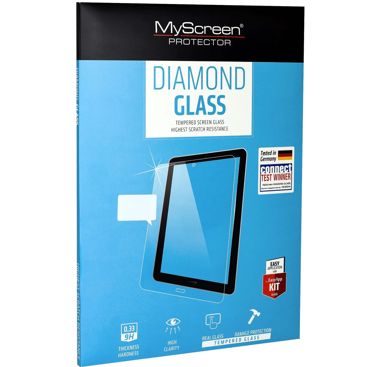 Una scatola blu con una protezione per lo schermo del tablet e testo.