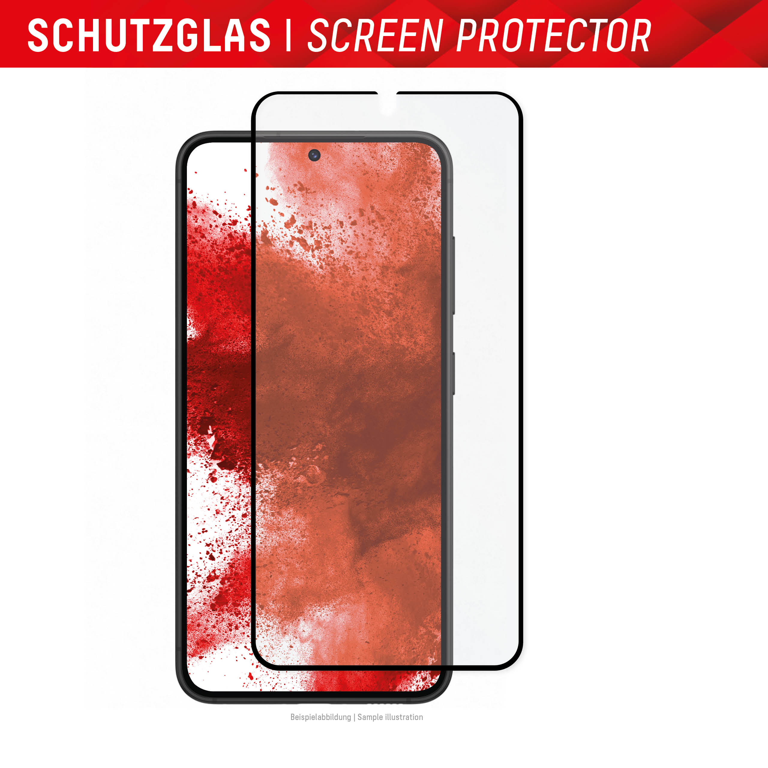 Smartphone-Displayschutz mit Telefon auf weißem Hintergrund.