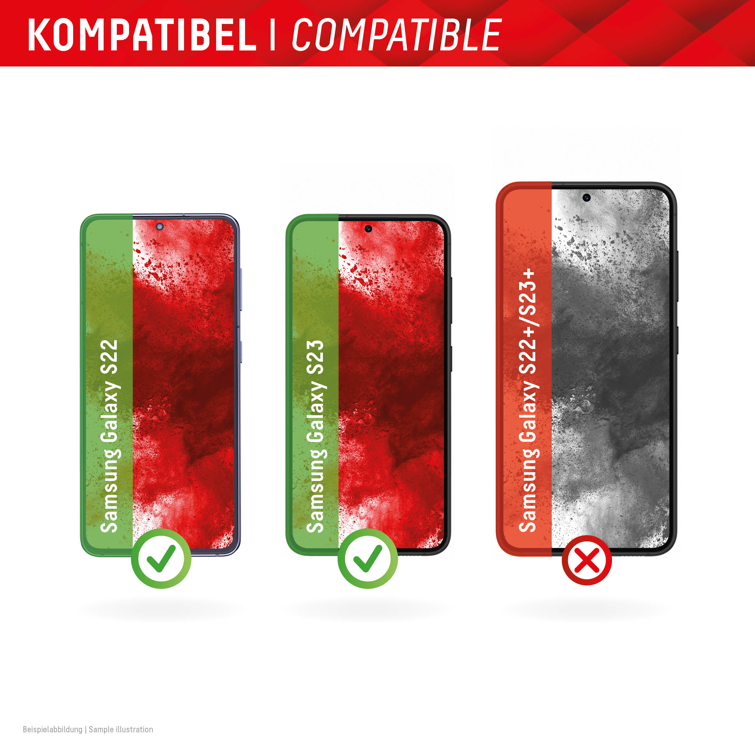 Bildvergleich der Telefonmodelle, nur Samsung Galaxy S22 und S23 sind kompatibel.