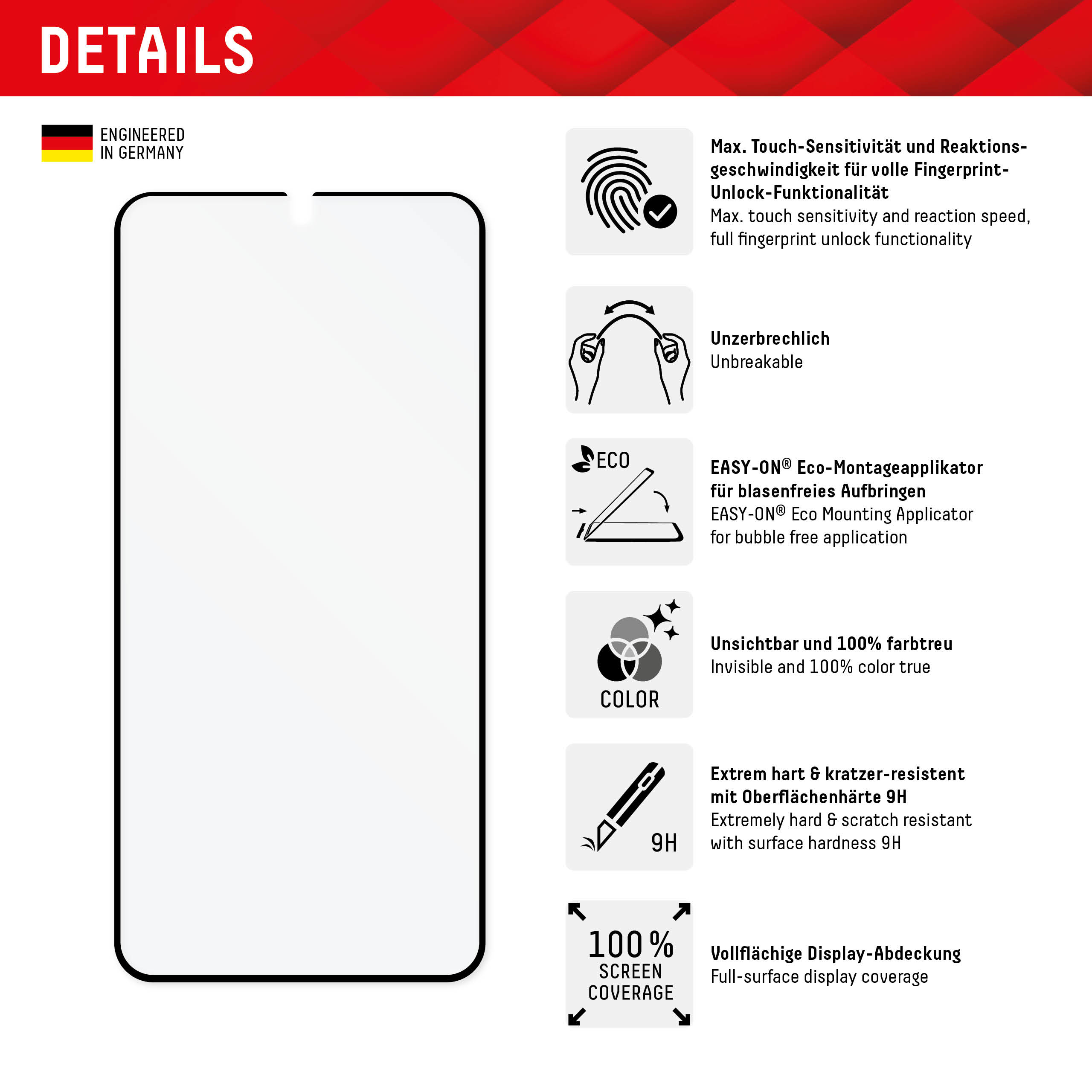 Details des Displayschutzes mit Symbolen. Zeigt Berührungsempfindlichkeit, unzerbrechliches Glas, Farbe und Bildschirmabdeckung.