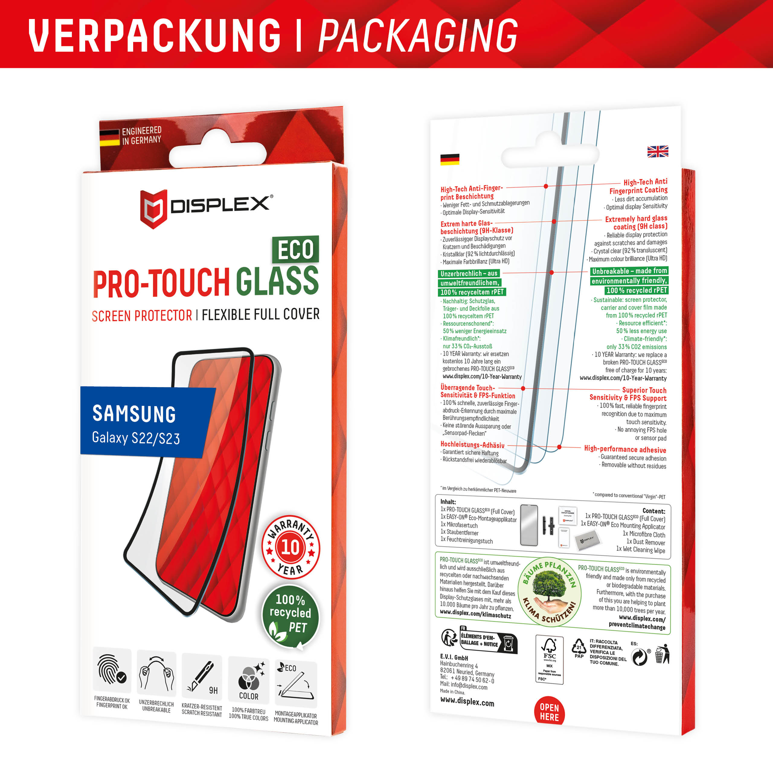 Produktbox mit Displayschutz und Telefon. Text und Symbole heben Funktionen wie 100 % recyceltes PET hervor.
