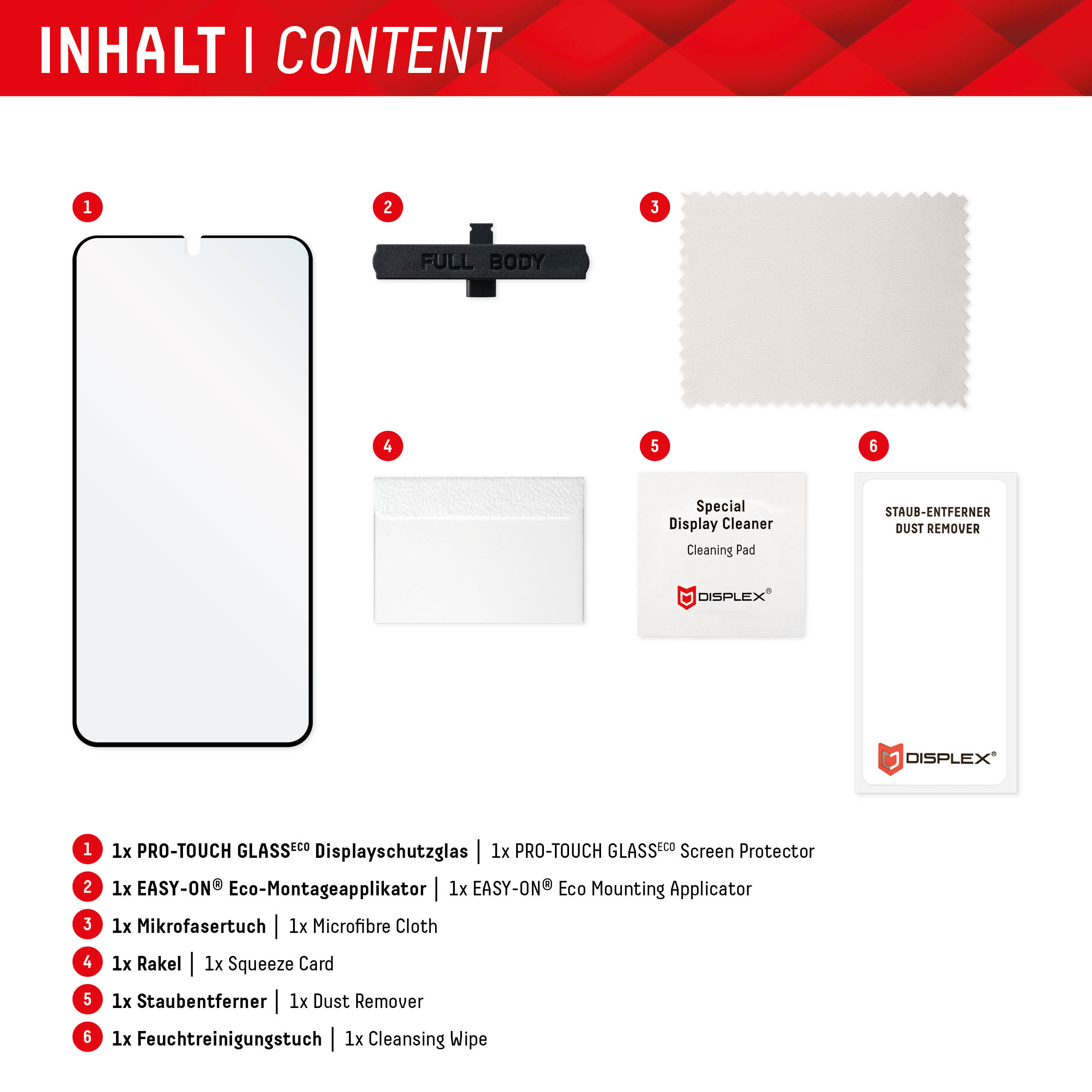 Inhalt der Box: Displayschutz, Applikator, Tuch, Karte, Staubentferner und Reinigungstuch. Beschriftet.