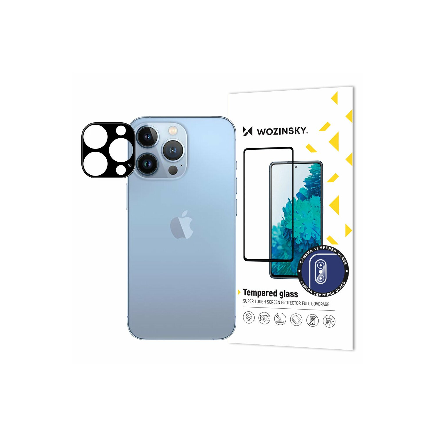 Telefon und Displayschutzfolie aus gehärtetem Glas. Schutz mit Kameraausschnitten und Box.