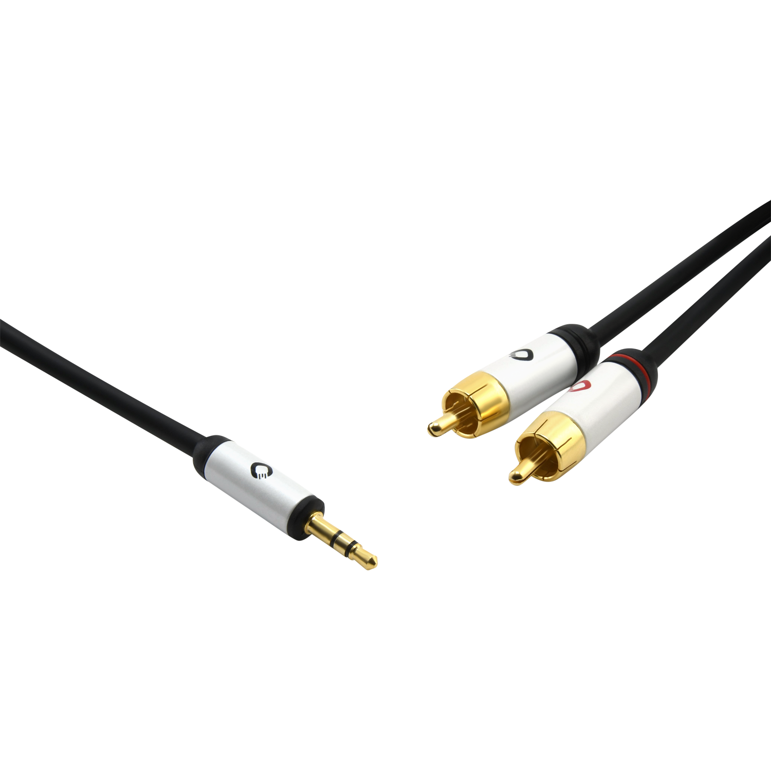 Zwei Audiokabel mit 3,5-mm- und Cinch-Anschlüssen. Die Kabel sind schwarz mit silbernen und goldenen Spitzen.