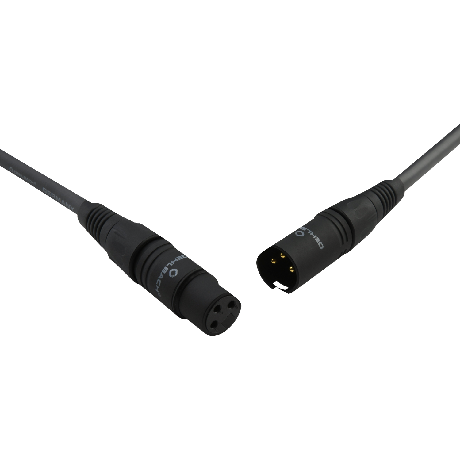 Schwarzes XLR-Audiokabel mit zwei Steckern, auf schwarzem Hintergrund.