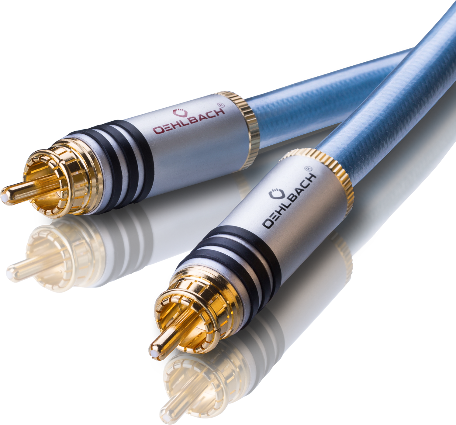 Zwei Audiokabel mit goldfarbenen Steckern. Sie haben einen blauen, geflochtenen Mantel.