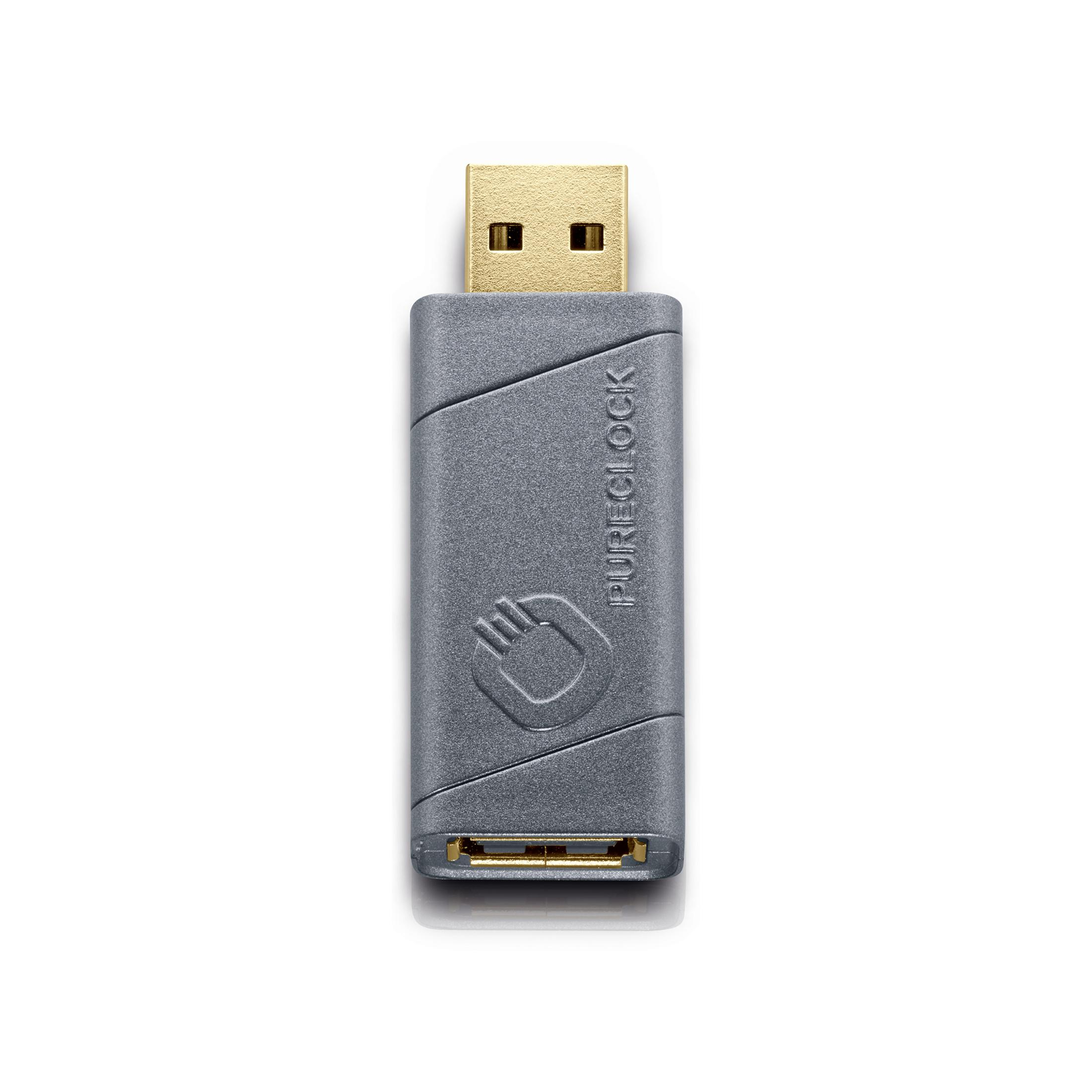 Grauer USB-Adapter. Hat eine rechteckige Form. Goldener Stecker oben.