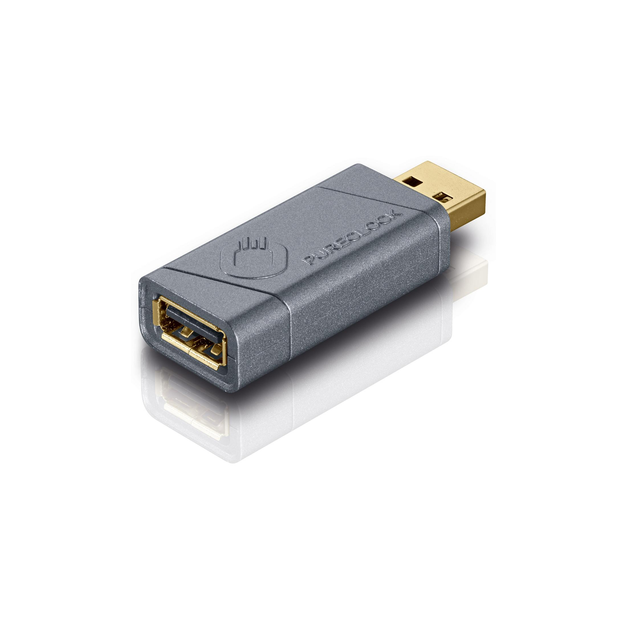 Ein grauer USB-Adapter mit einem USB-A-Anschluss und einem USB-C-Anschluss.
