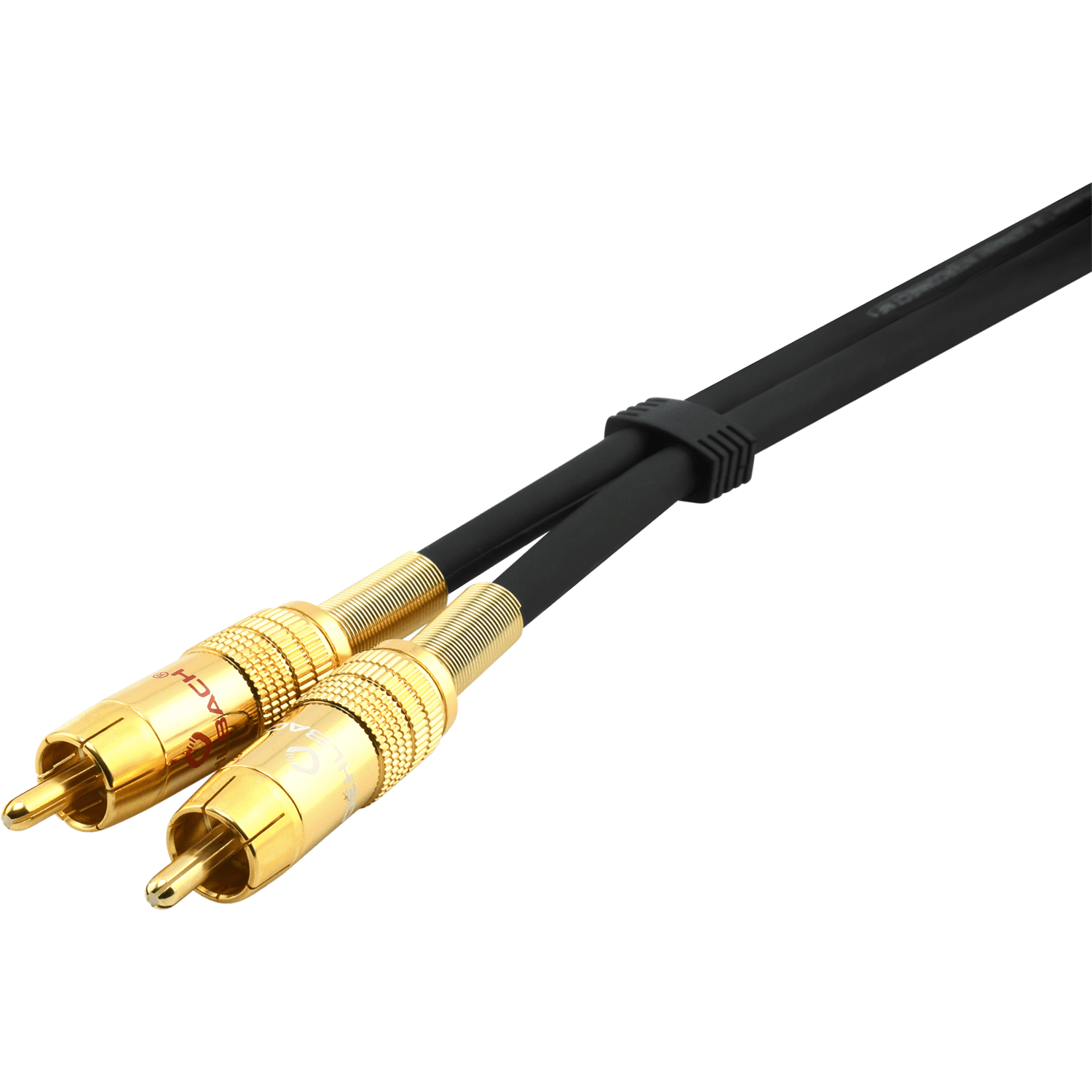 Zwei schwarze und goldene Audiokabel mit goldenen Steckern, auf schwarzem Hintergrund.