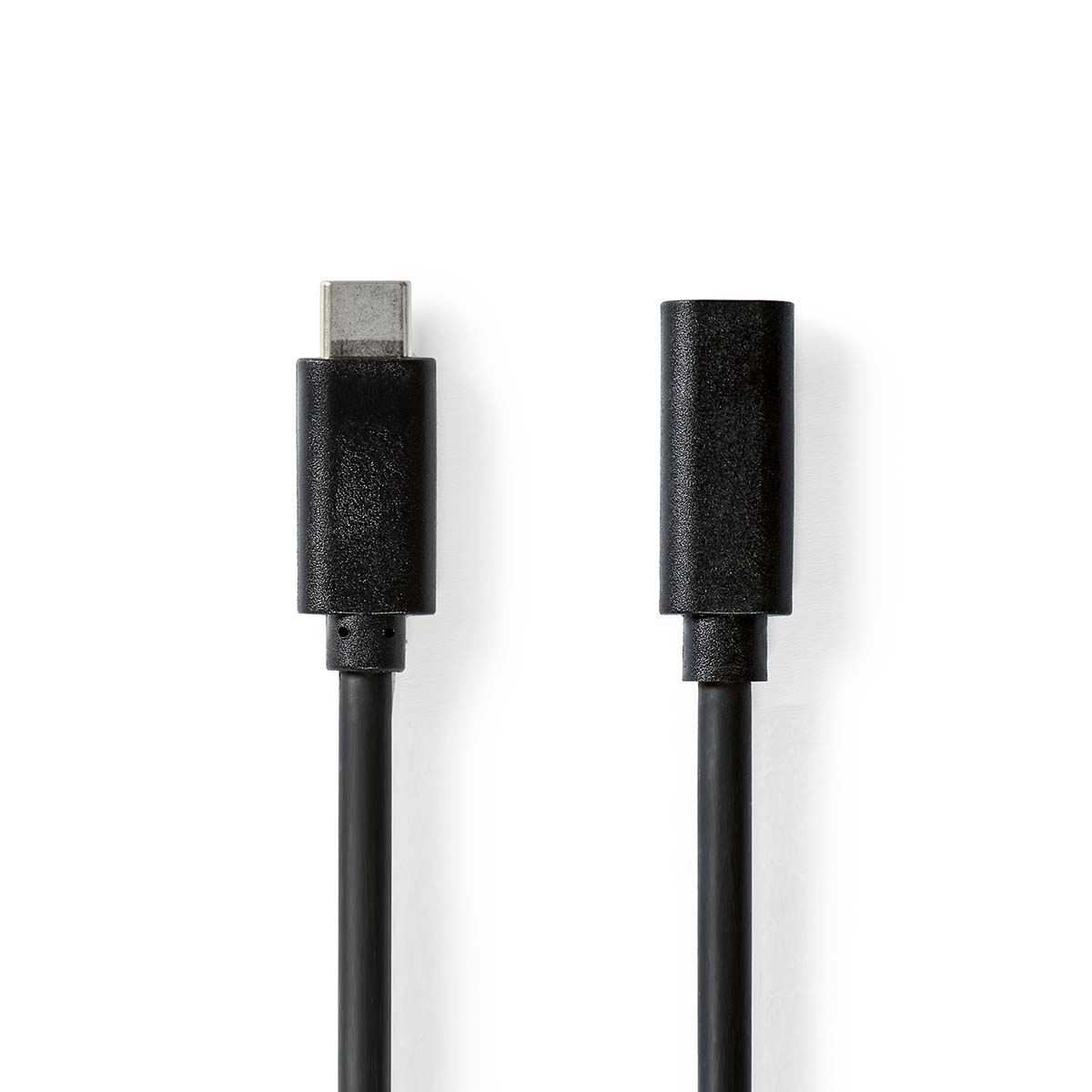 Schwarzes USB-C-zu-USB-C-Kabel, mit Anschlüssen an jedem Ende, vor weißem Hintergrund.