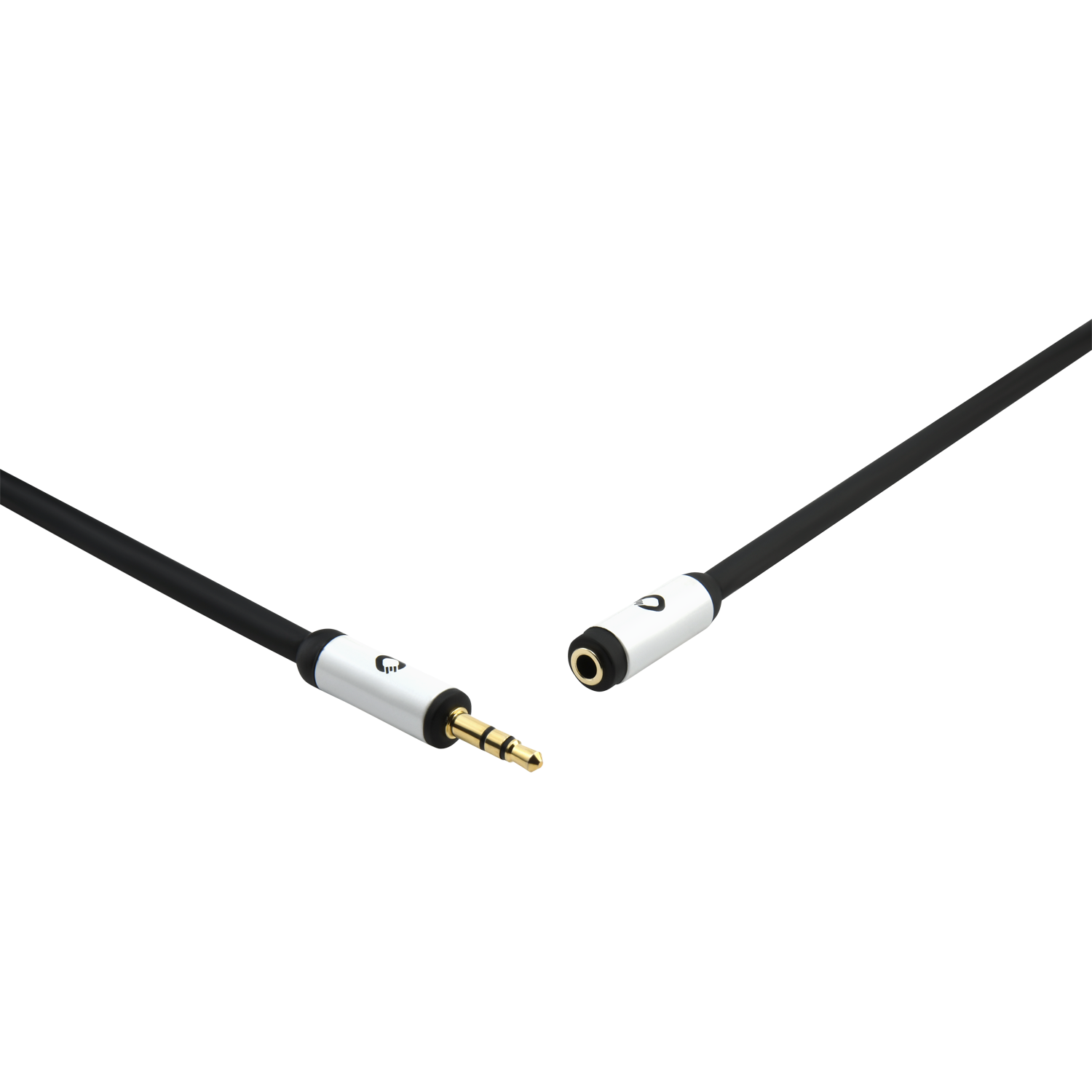 Schwarzes und silbernes Audiokabel mit zwei Enden, eines mit vergoldetem Stecker und schwarzem Hintergrund.