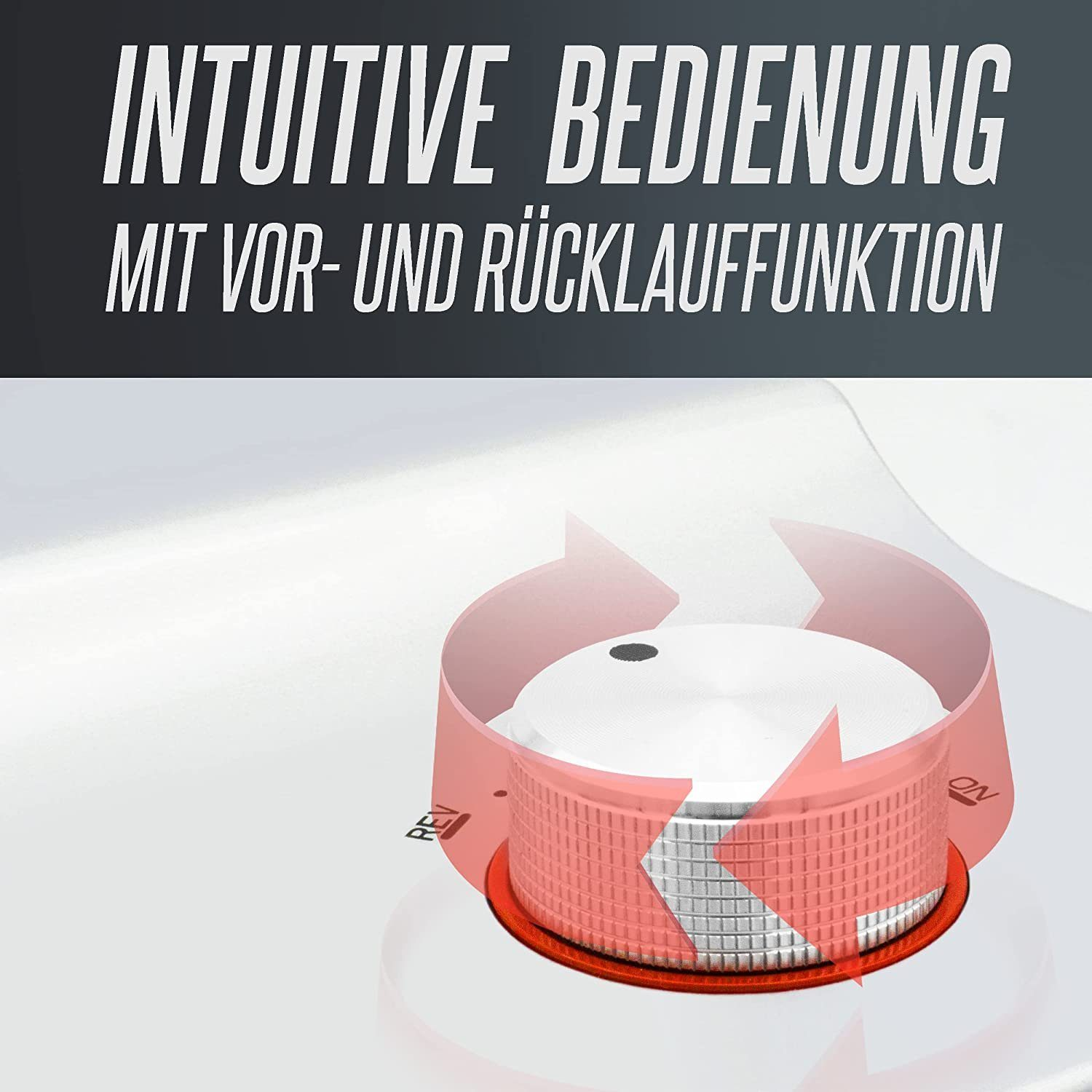 Drehknopf mit roten Akzenten und Pfeilen. Weißer Hintergrund.