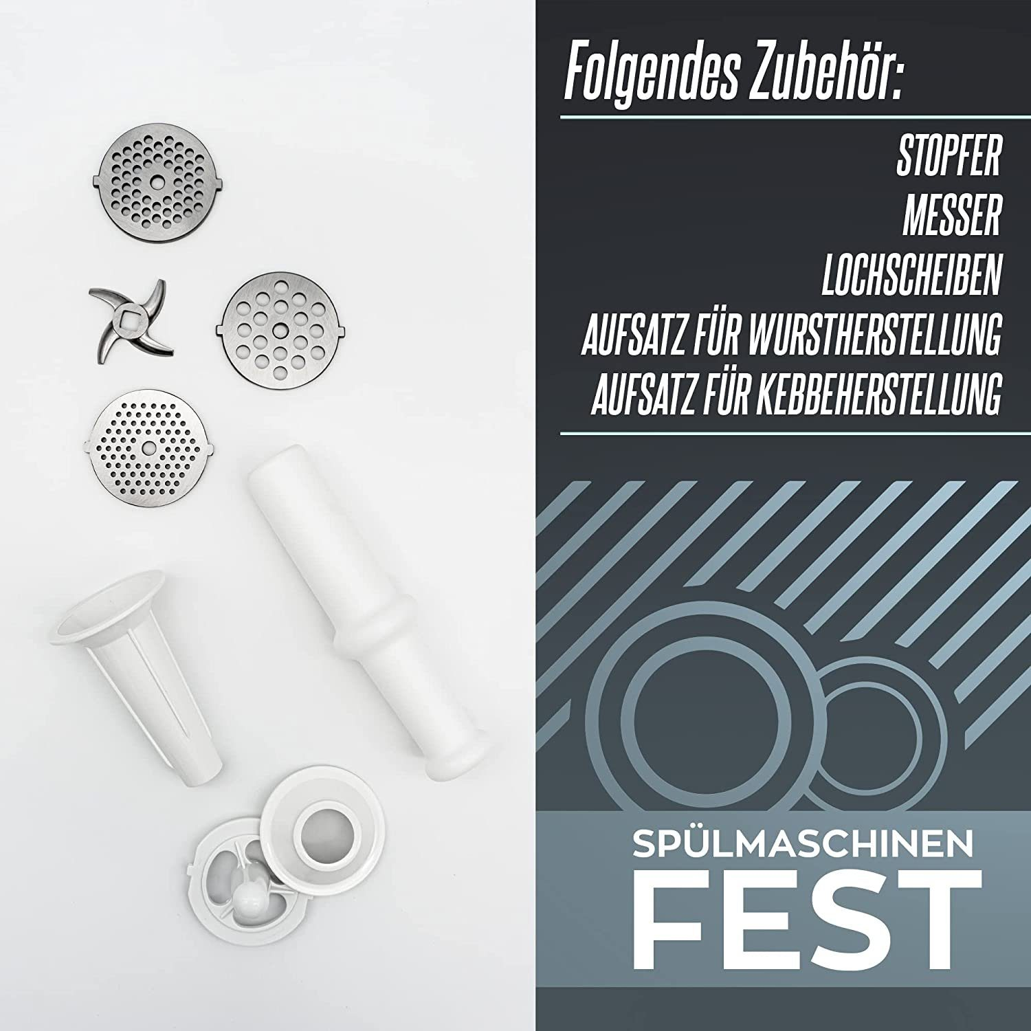 Eine Vielzahl von Fleischwolf-Zubehör, mit Text auf Deutsch, auf weißem Hintergrund.