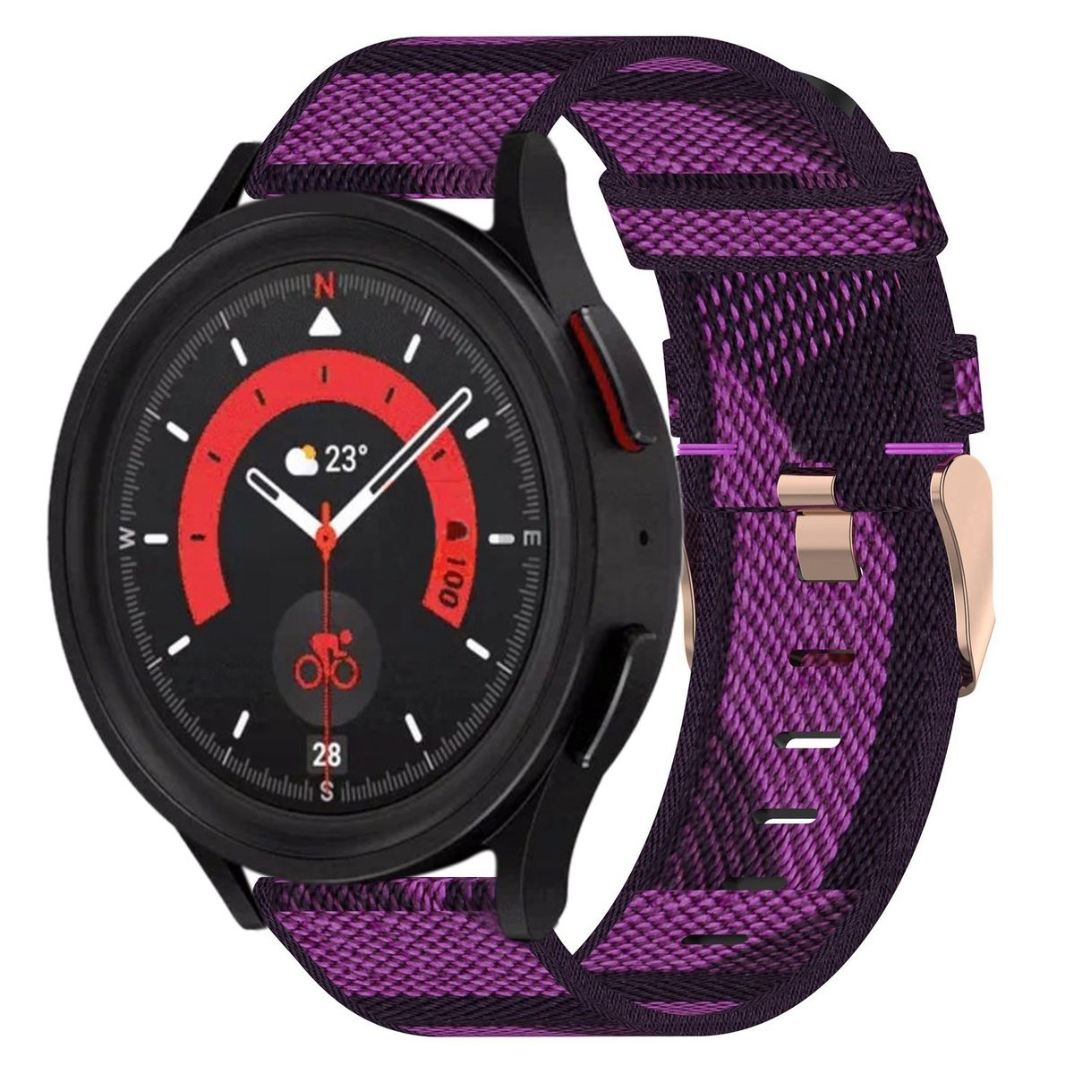Schwarze Smartwatch mit lila-schwarzem Band, zeigt rotes und schwarzes Ziffernblatt.