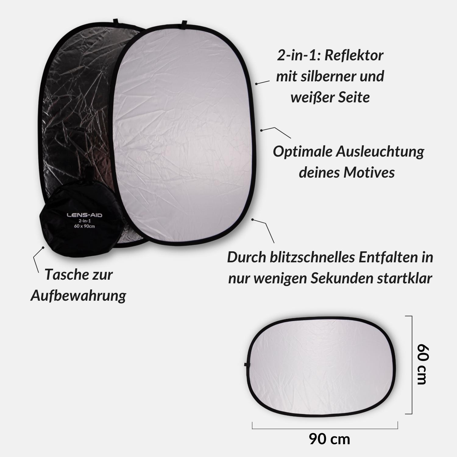 Faltreflektor LENS-AID 60x90cm inkl. passend Studiofotografie für Mehrfarbig, Fotostudio-Set, Reflektorklemme,