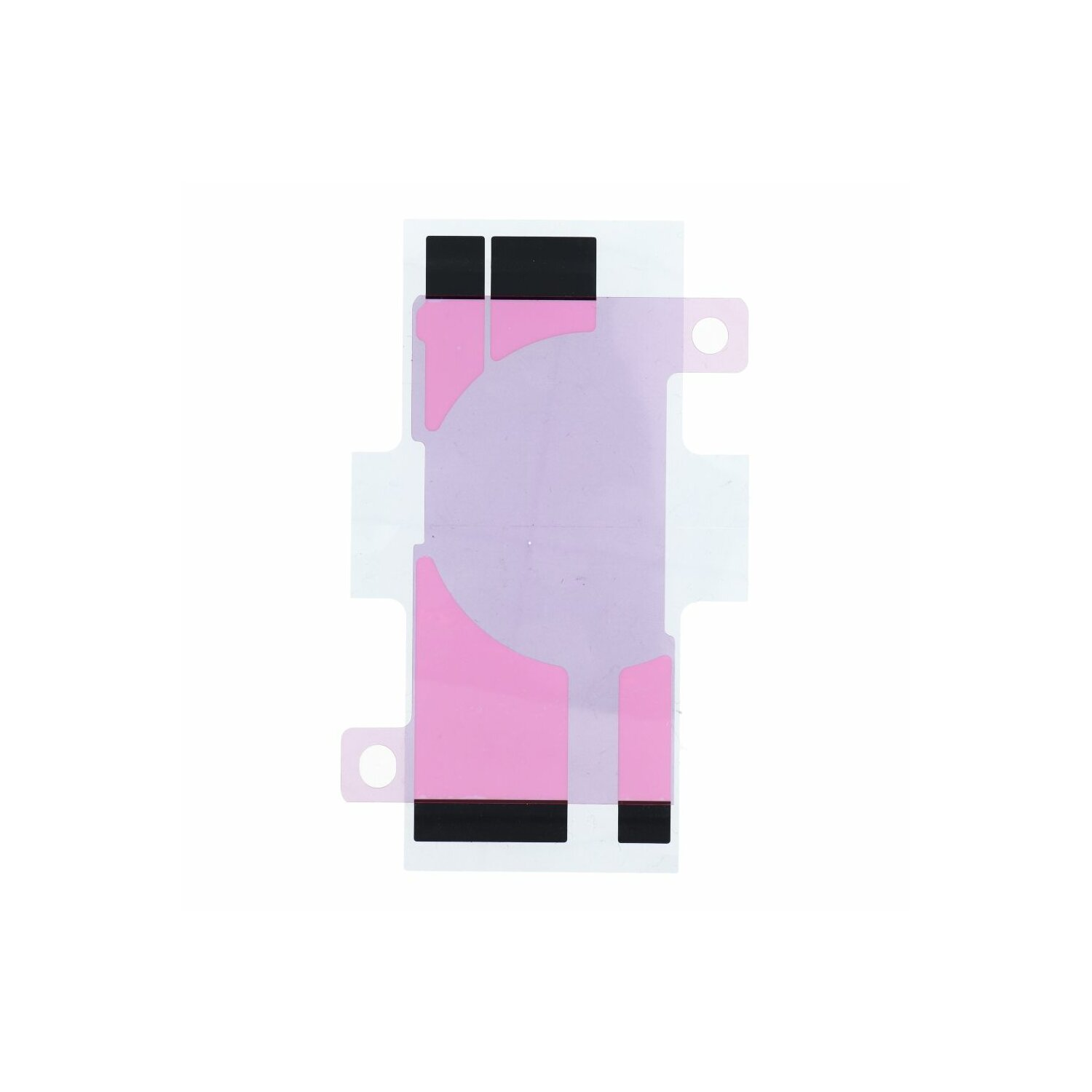 Ein weißer Aufkleber mit rosa und schwarzen Formen und Löchern.