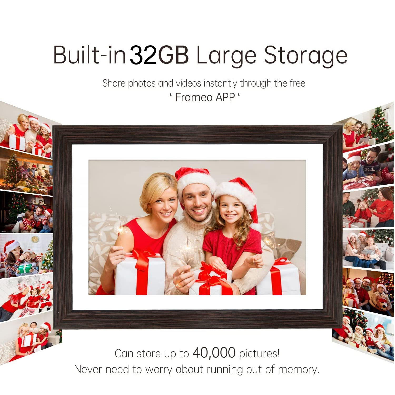 Marco de fotos digital con una familia. Texto: Almacenamiento de 32 GB, comparte fotos al instante.