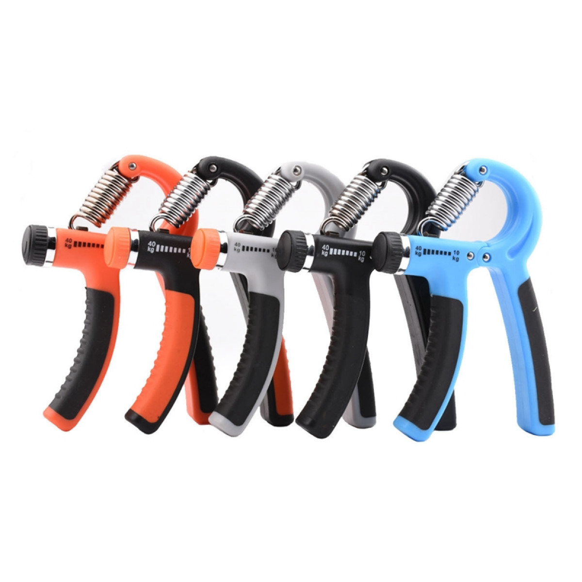 Fünf Handgriff-Trainingsgeräte in Orange, Schwarz, Grau, Schwarz und Blau.