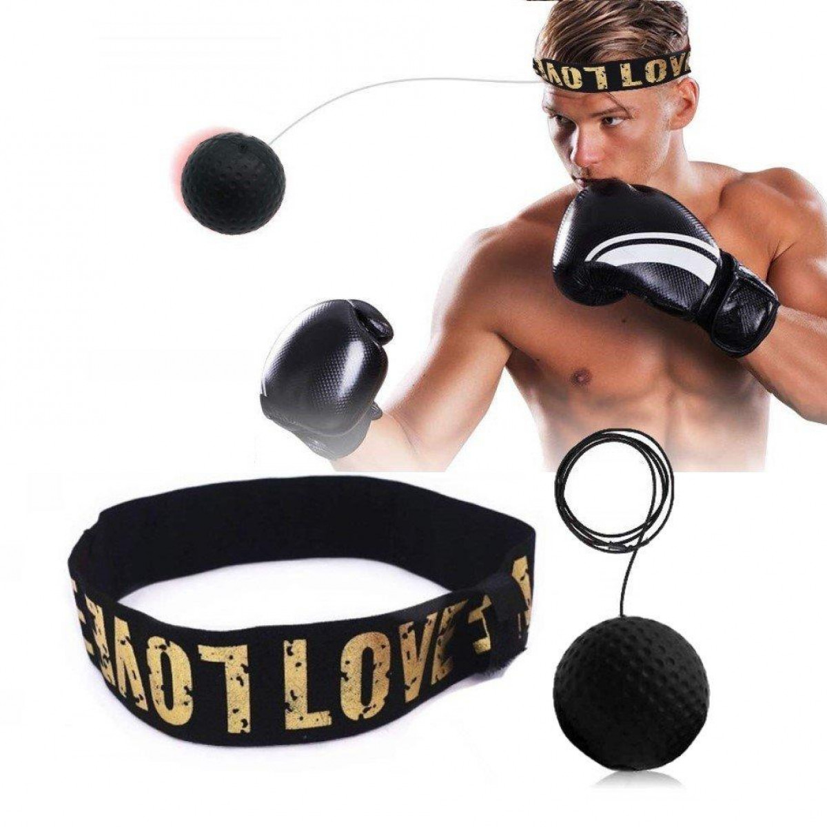 Mann mit Boxhandschuhen und Kopfschutz mit schwarzem Ball. Weißer Hintergrund.