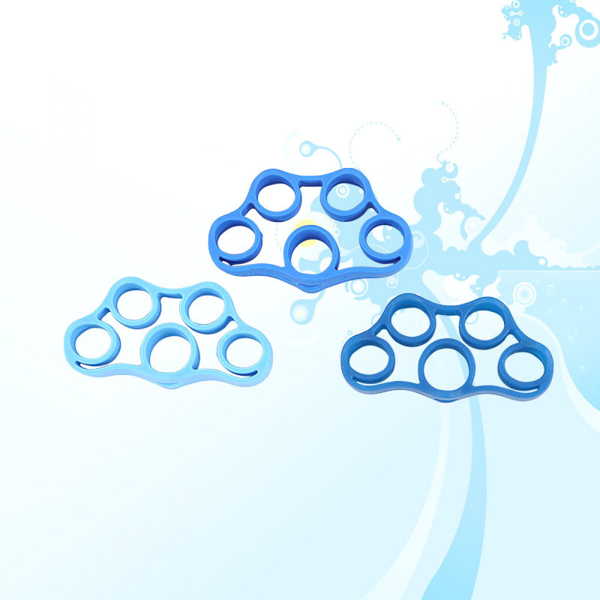 Drei blaue Finger-Trainingsgeräte. Sie sind auf hellblauem Hintergrund mit hellblauem Design.