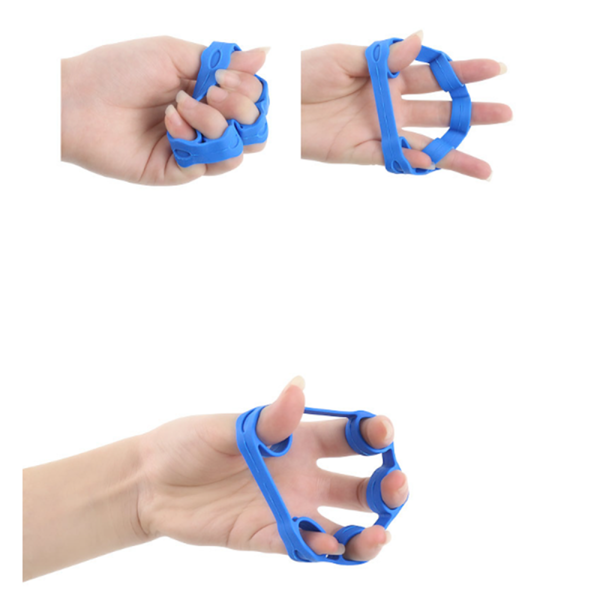 Drei Bilder von Händen mit blauen Finger-Trainingsbändern, auf weißem Hintergrund.