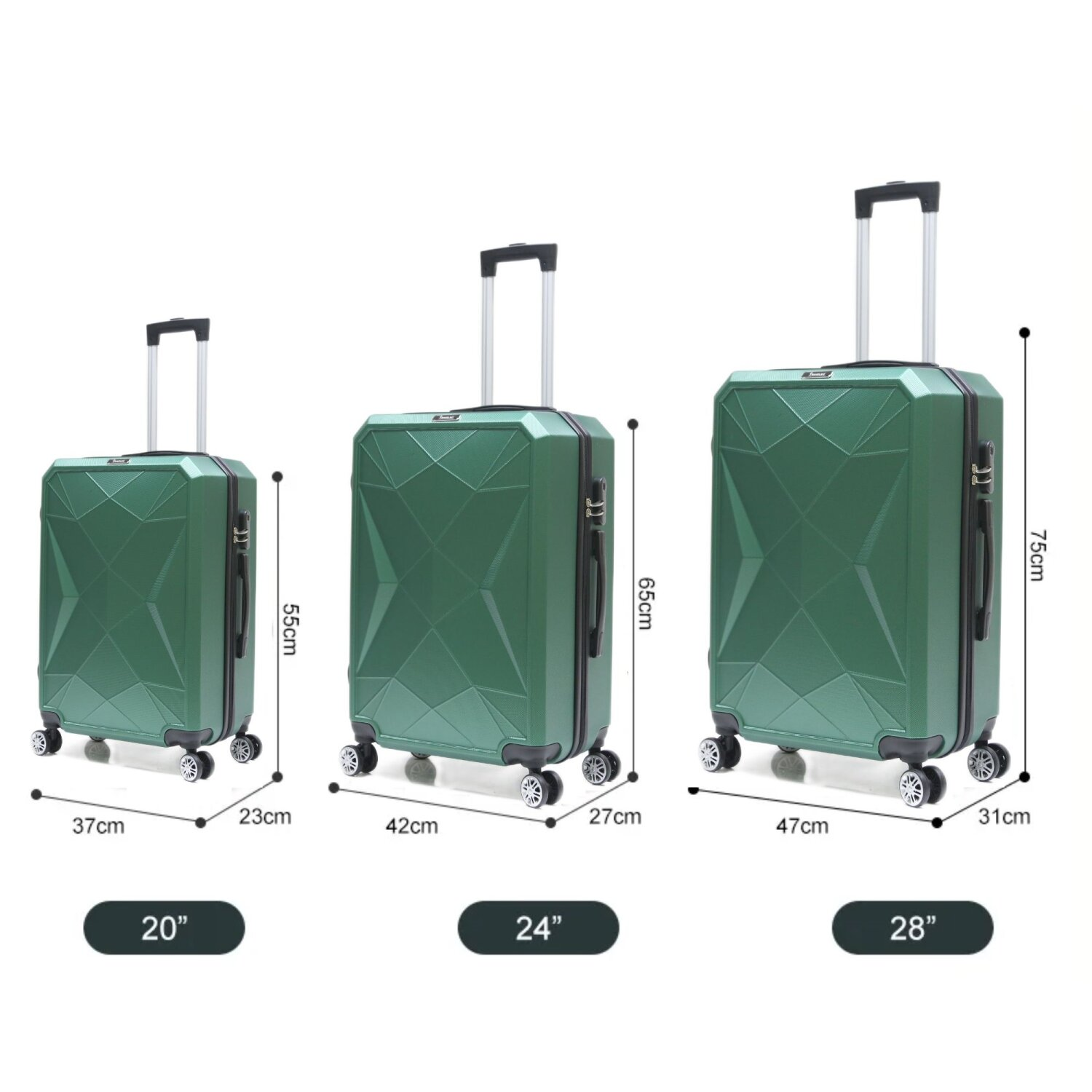 Drei grüne Koffer in verschiedenen Größen. 20", 24" und 28" beschriftet, mit Abmessungen.