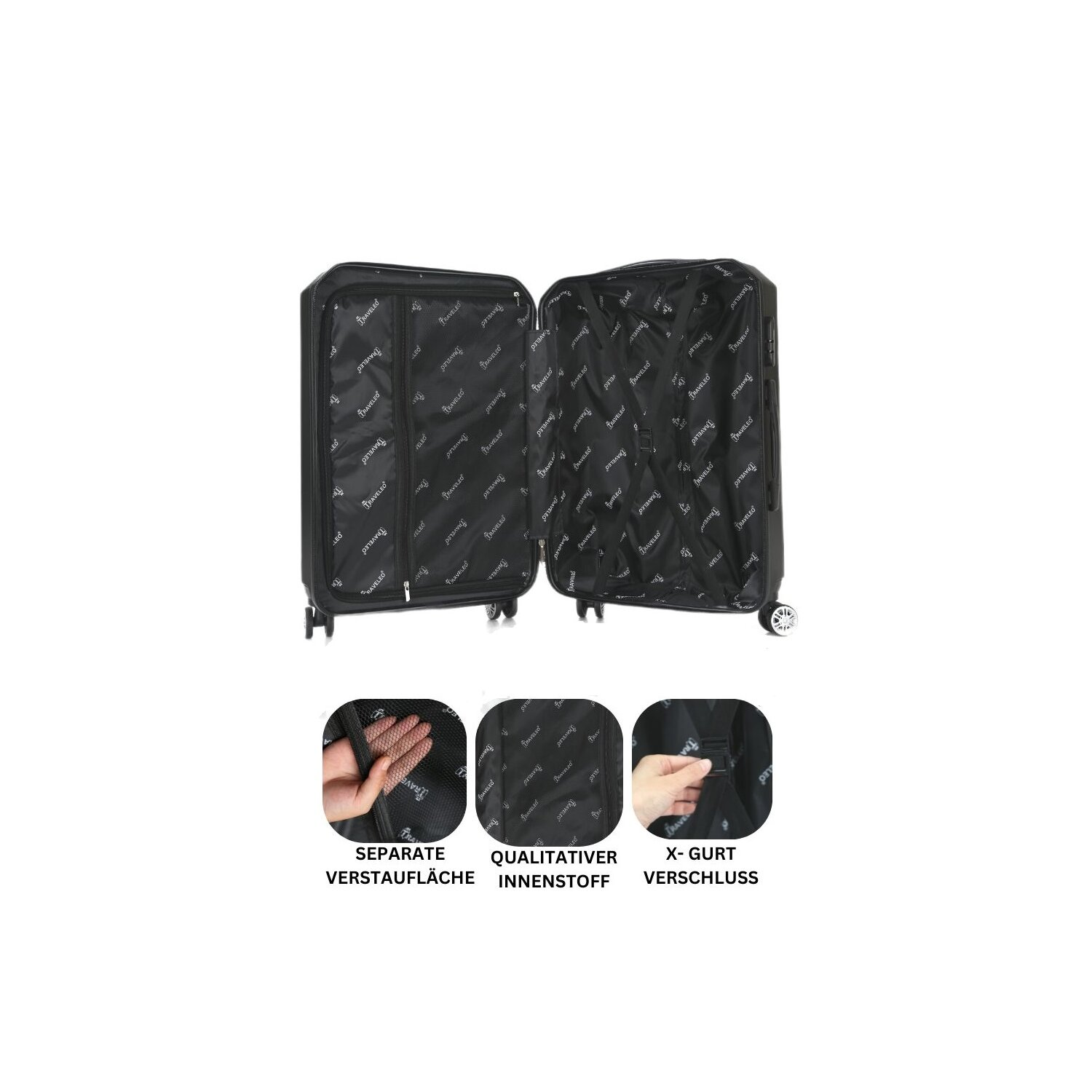 Ein Koffer wird geöffnet dargestellt, mit Innendetails. Nahaufnahmen zeigen Taschen und Gurte.