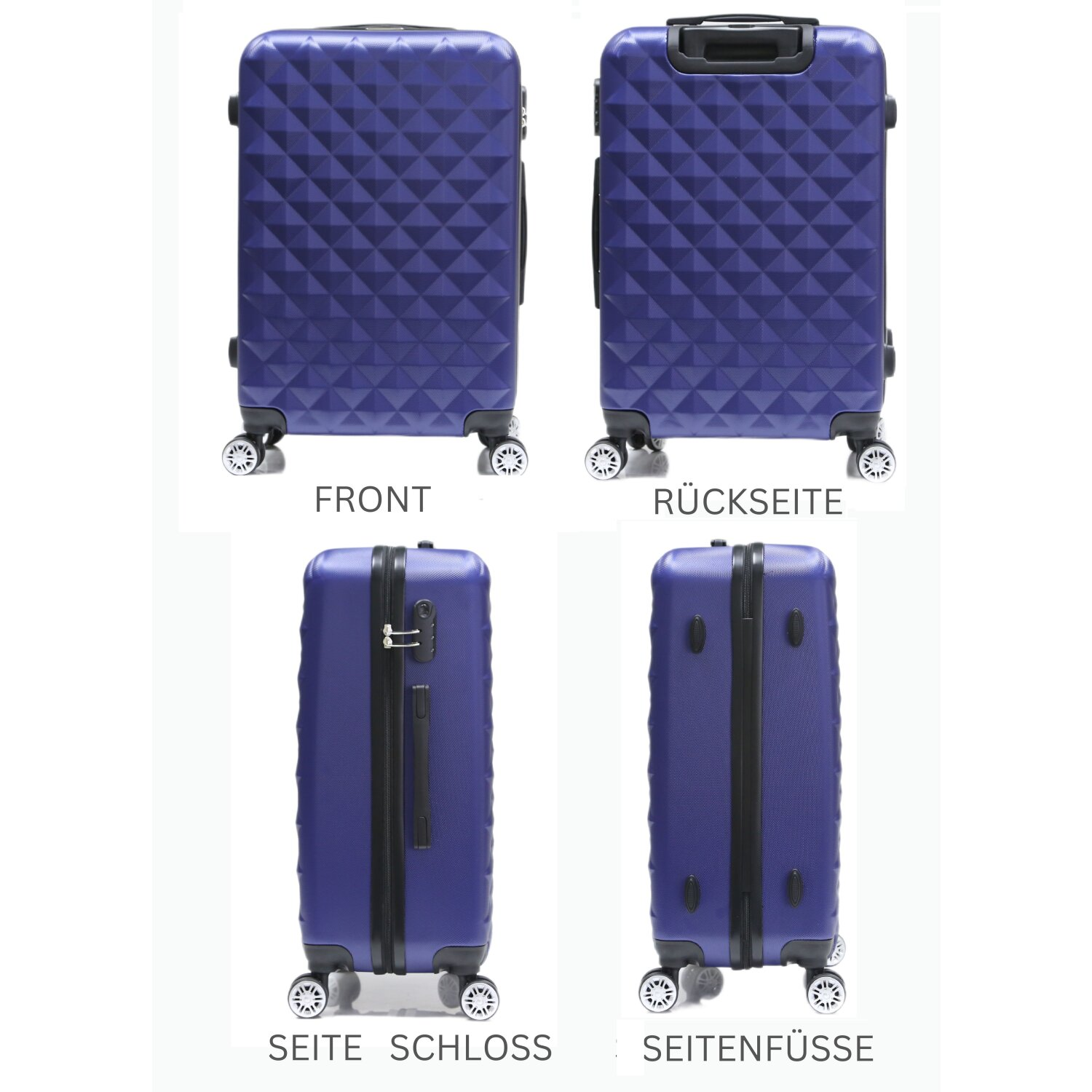 Blauer Koffer, mehrere Winkel. Vorne, hinten, Seite mit Schloss und Seite mit Füßen.