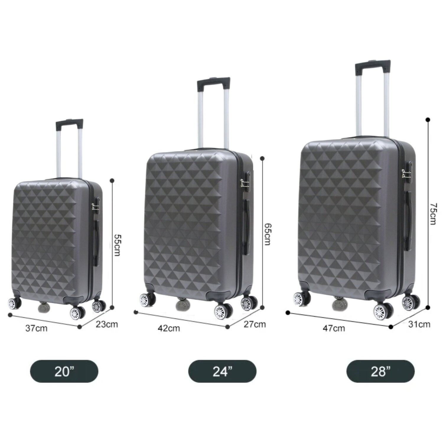 Drei graue Koffer in verschiedenen Größen mit Größenangaben. 20", 24" und 28".