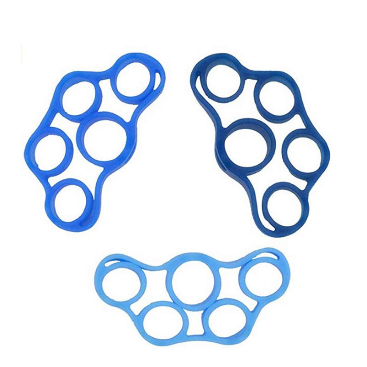 Drei blaue Handgriffverstärker auf weißem Hintergrund. Sie haben Löcher für Finger.