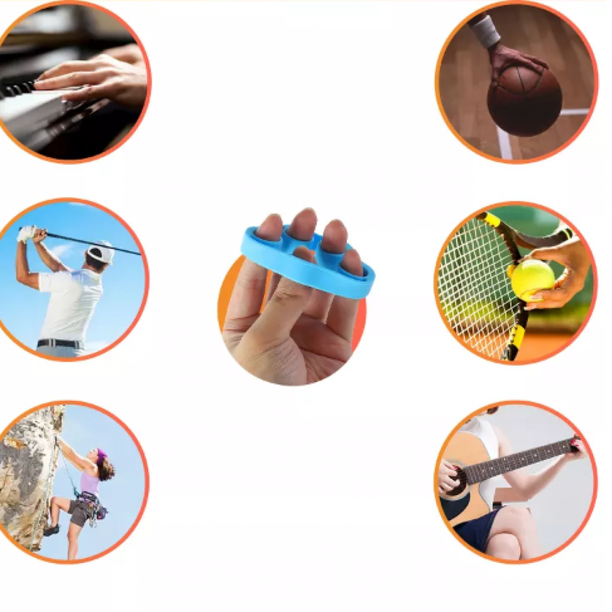 Verschiedene Handübungen mit einem blauen Finger-Trainingsgerät. Aktivitäten: Klavier, Basketball, Golf, Klettern, Tennis.