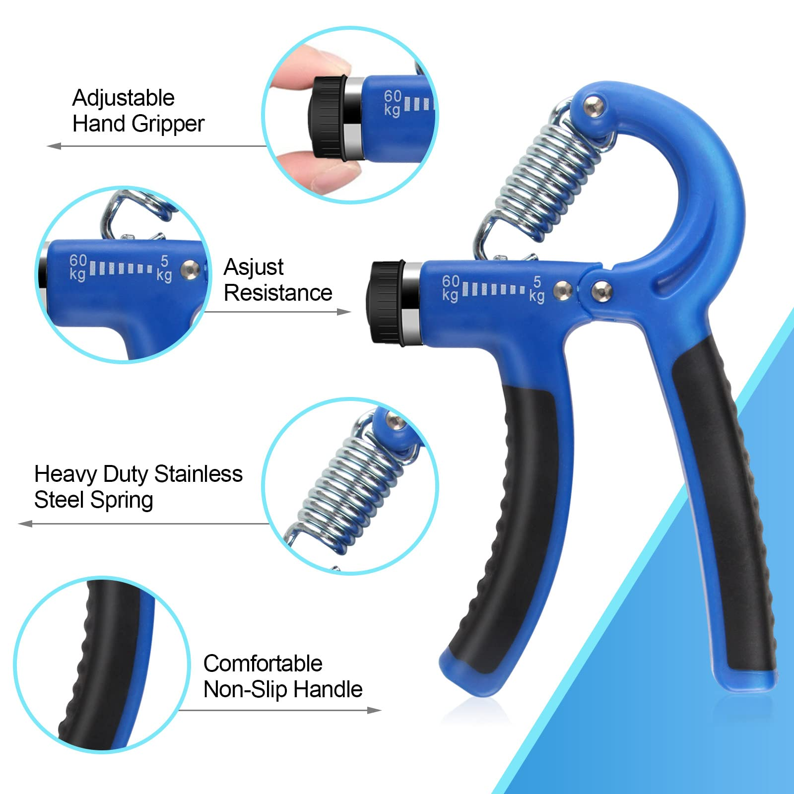 Niebieski uchwyt do ręki z regulowanym oporem. Pokazuje szczegóły uchwytu i sprężyny.